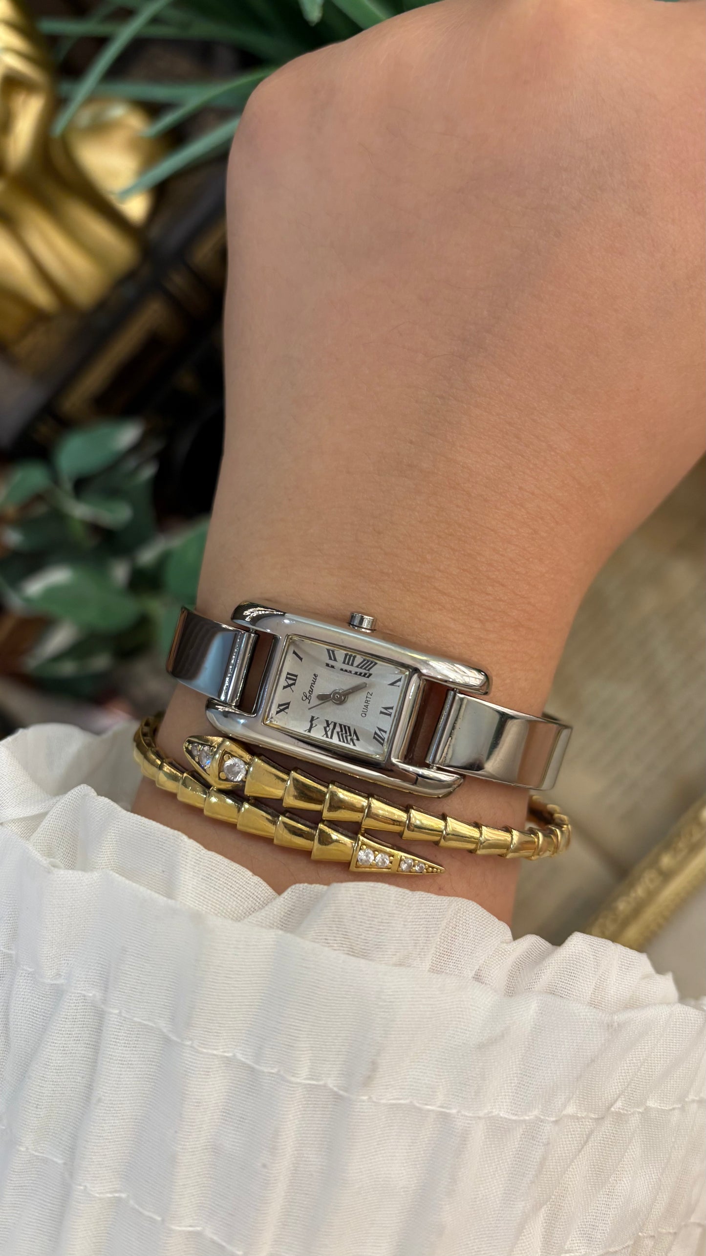 Vintage Lamue Diacut Glass Tank Bangle Watch in Silver Tone Quartz