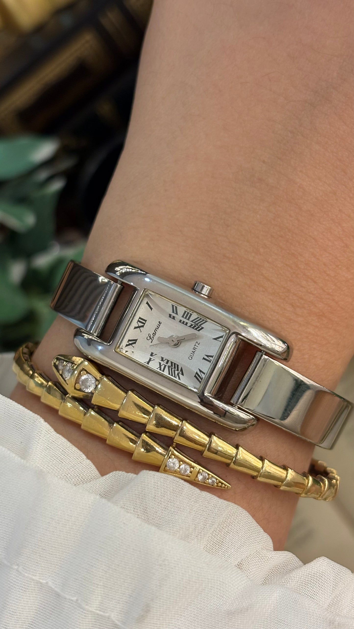 Vintage Lamue Diacut Glass Tank Bangle Watch in Silver Tone Quartz