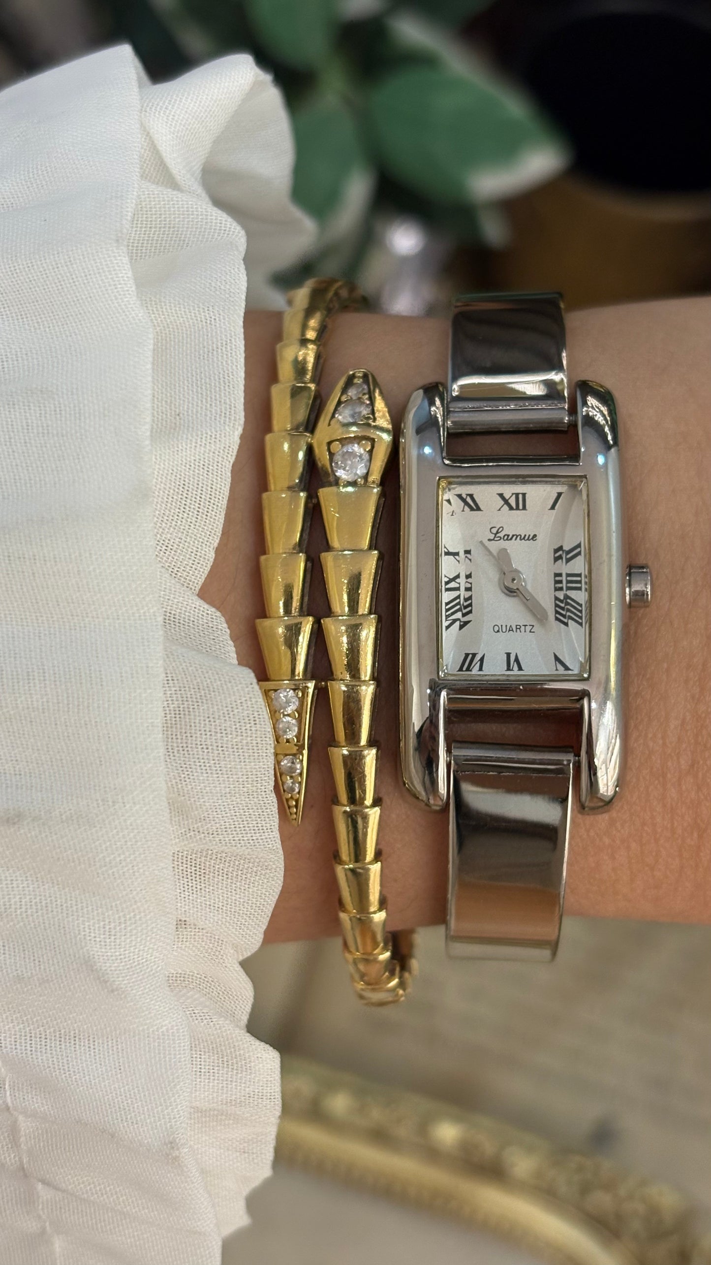 Vintage Lamue Diacut Glass Tank Bangle Watch in Silver Tone Quartz