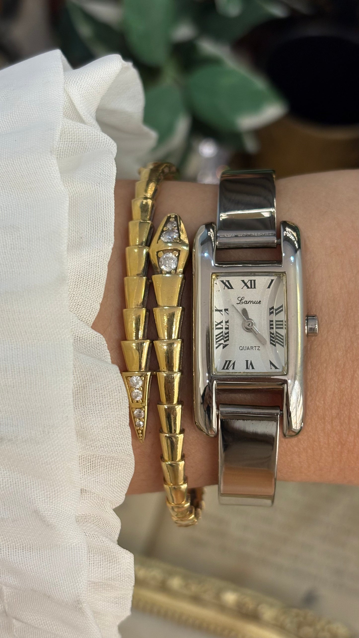 Vintage Lamue Diacut Glass Tank Bangle Watch in Silver Tone Quartz