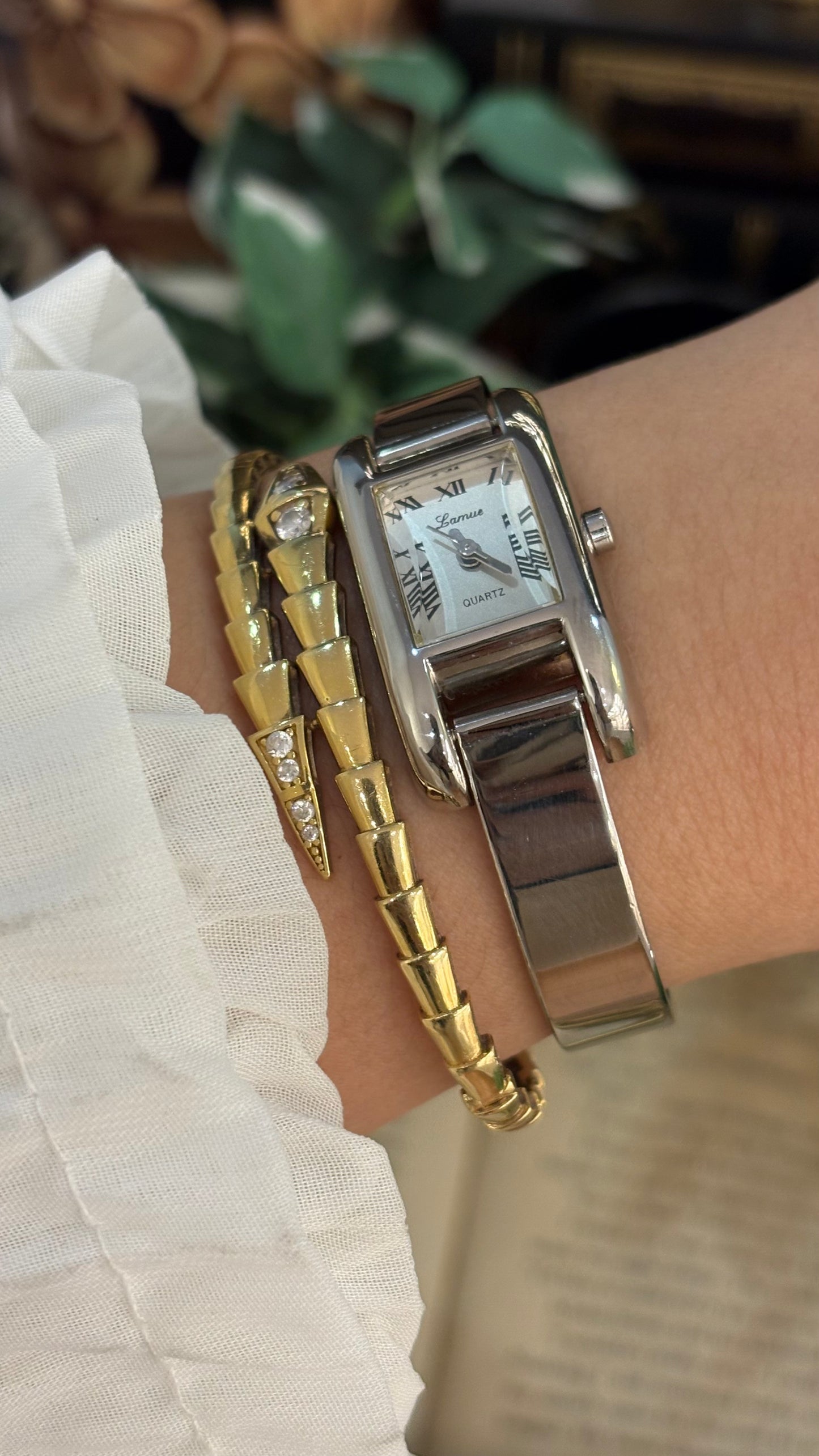 Vintage Lamue Diacut Glass Tank Bangle Watch in Silver Tone Quartz