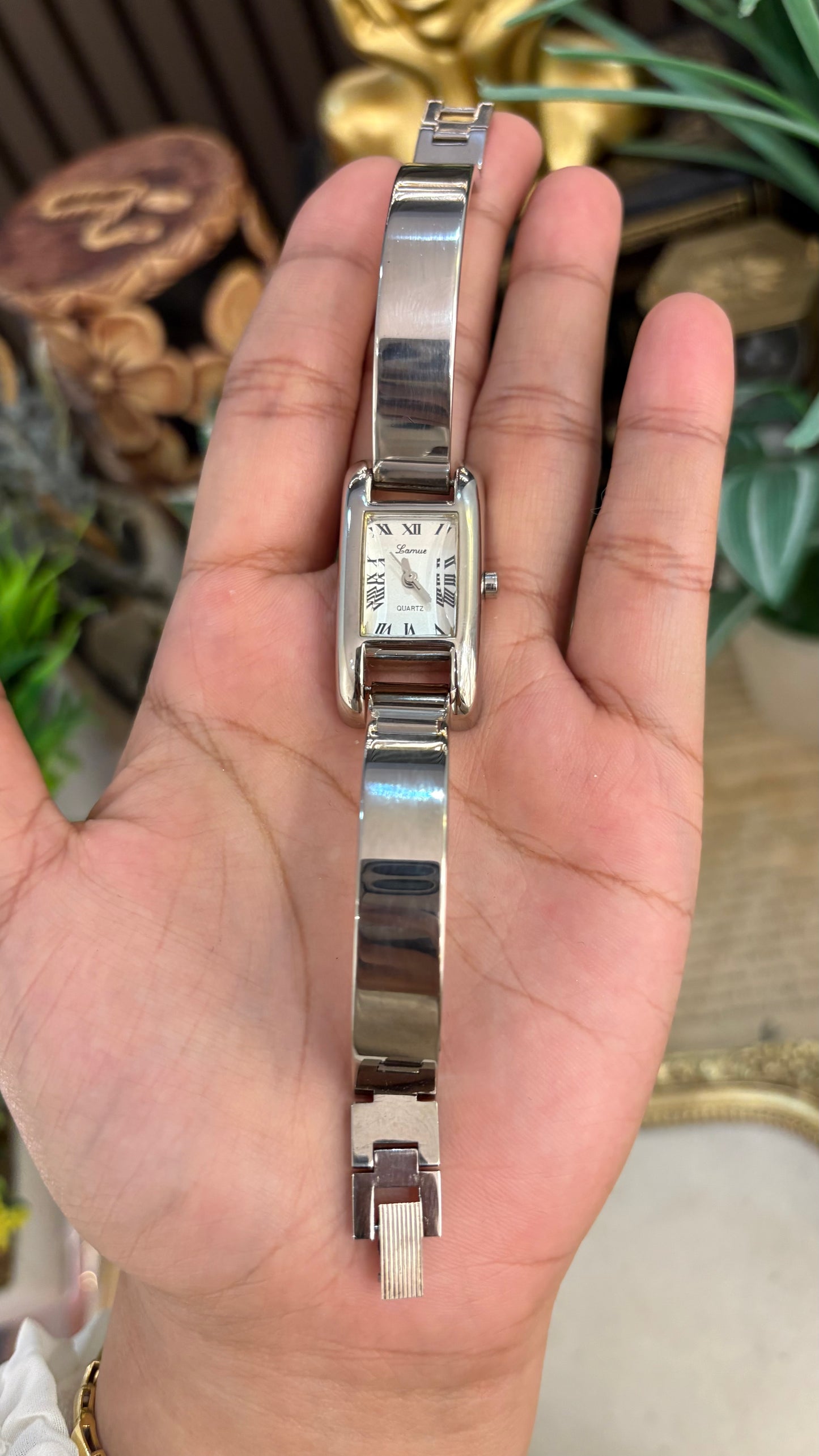 Vintage Lamue Diacut Glass Tank Bangle Watch in Silver Tone Quartz