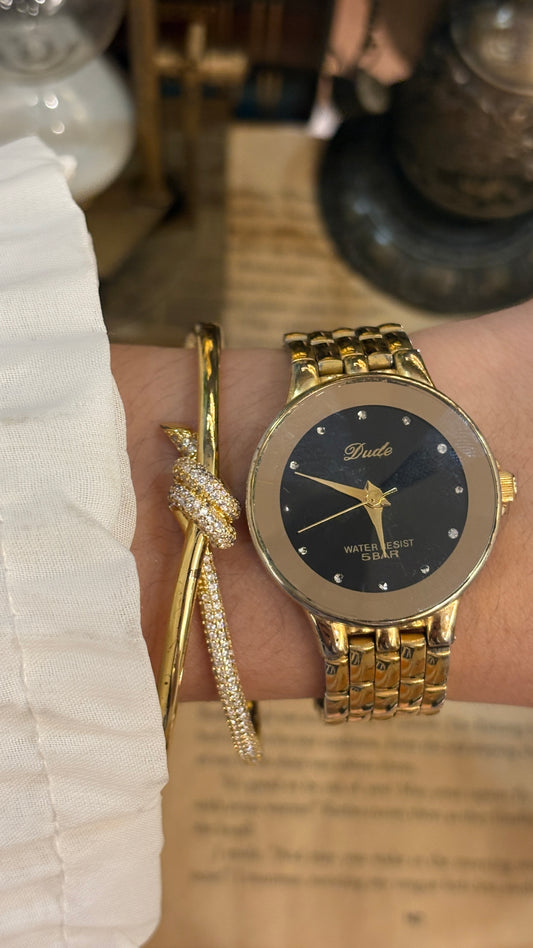 Vintage Dude Minimalist Watch in Gold Tone Black Patterned Dial Quartz