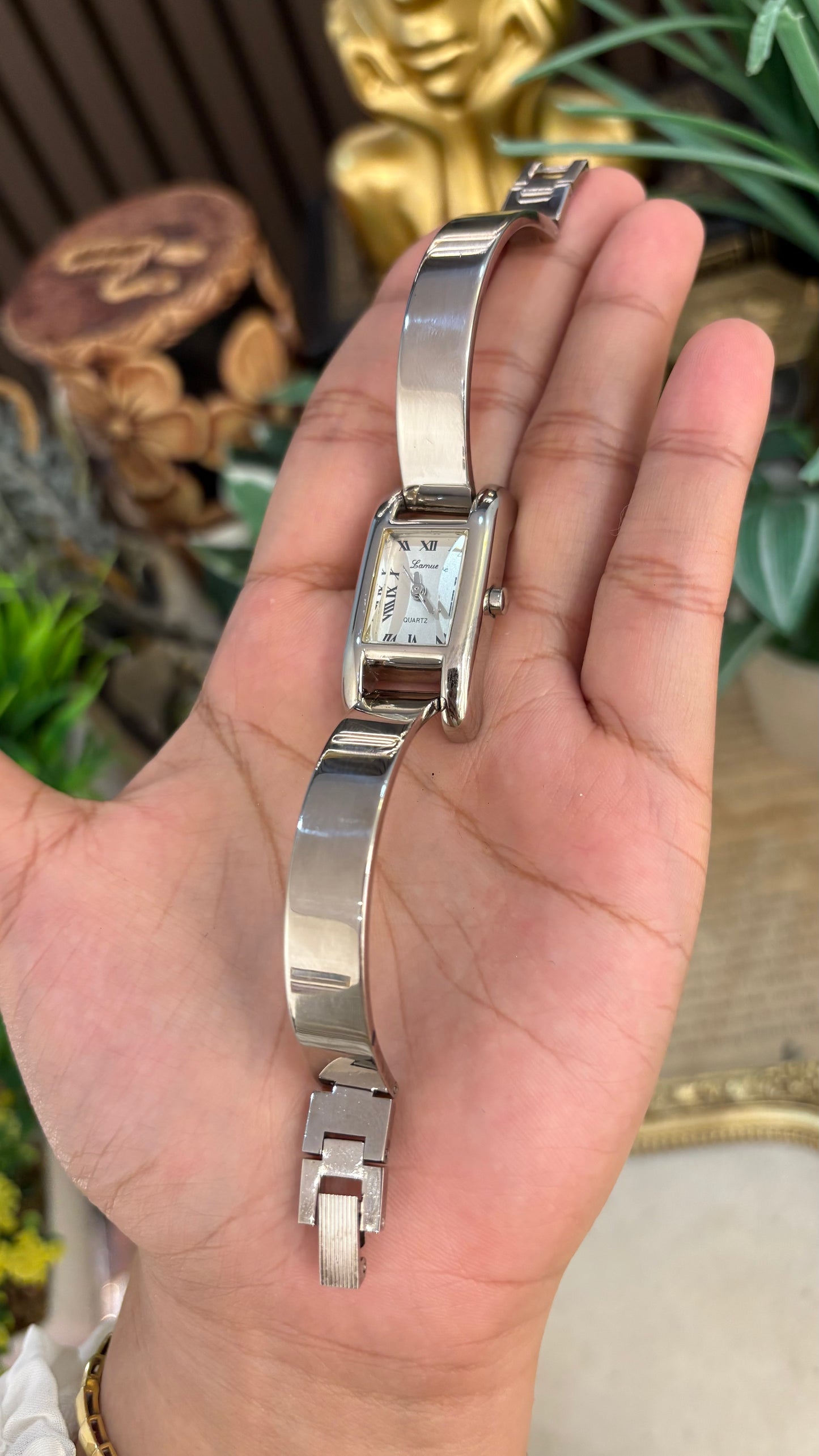 Vintage Lamue Diacut Glass Tank Bangle Watch in Silver Tone Quartz