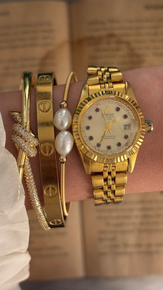 Rare Vintage Klaeuse Swiss Fluted Bezel Watch in Gold Tone Quartz