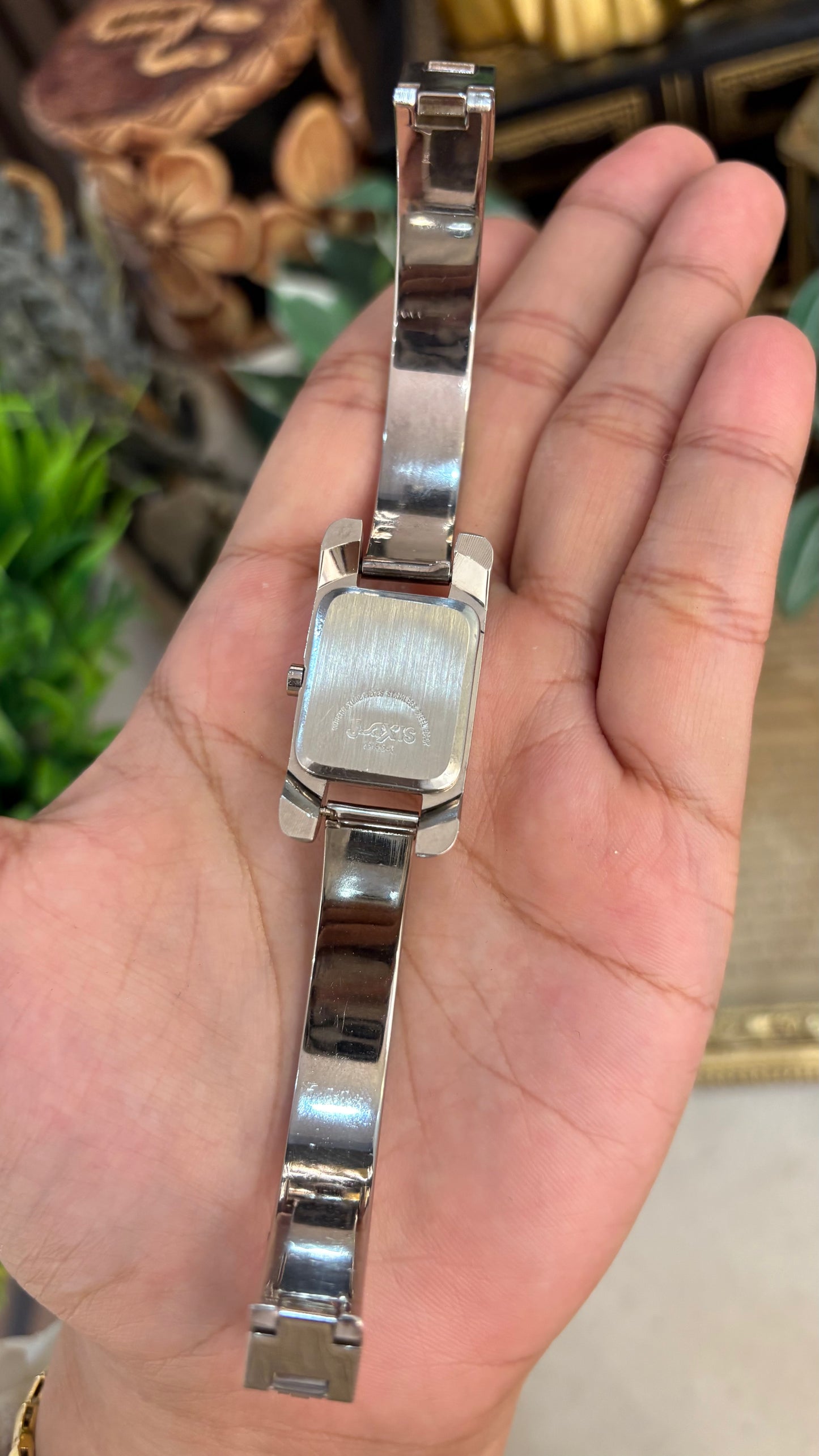 Vintage Lamue Diacut Glass Tank Bangle Watch in Silver Tone Quartz