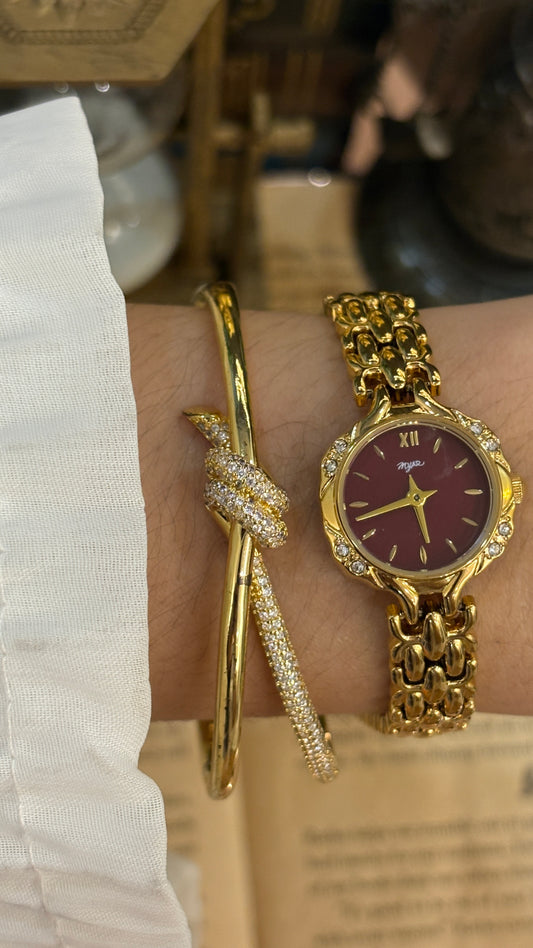 Vintage Myar Stone Accents on Bezel Watch in Gold Tone Maroon Dial Quartz