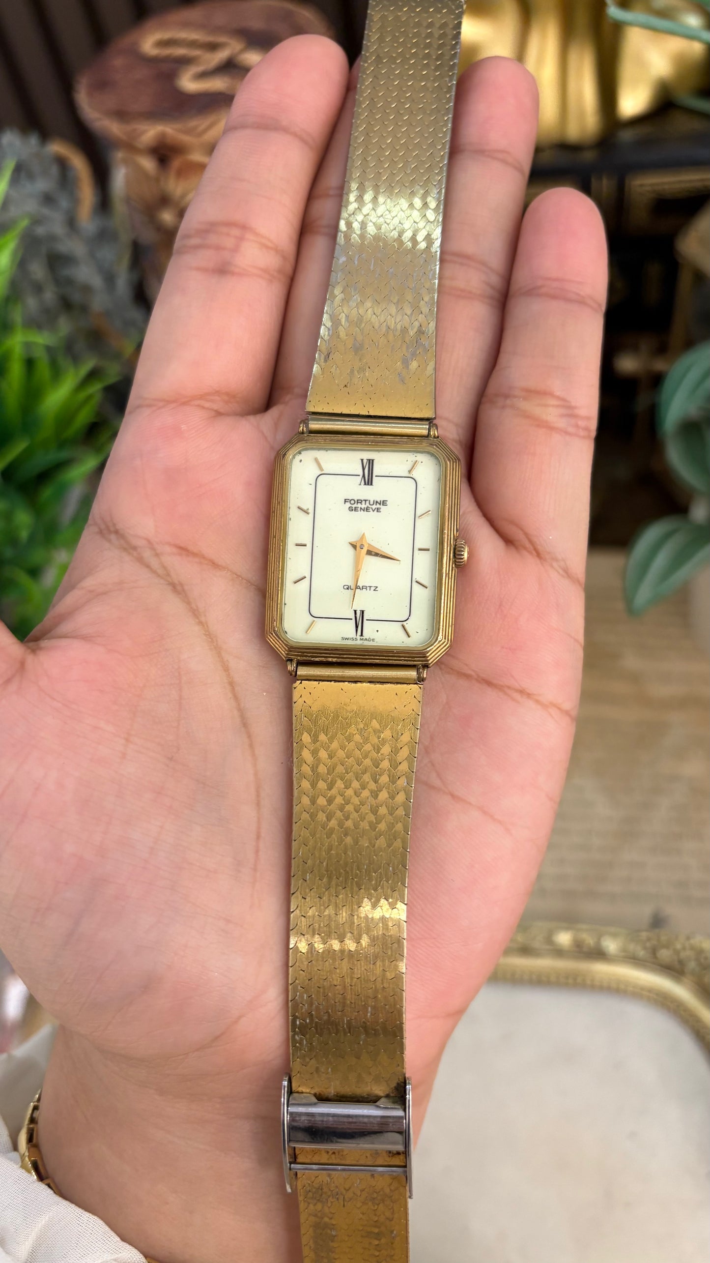 Rare Vintage Fortune Geneve Swiss Mens Tank Dress Watch in Gold Tone Quartz