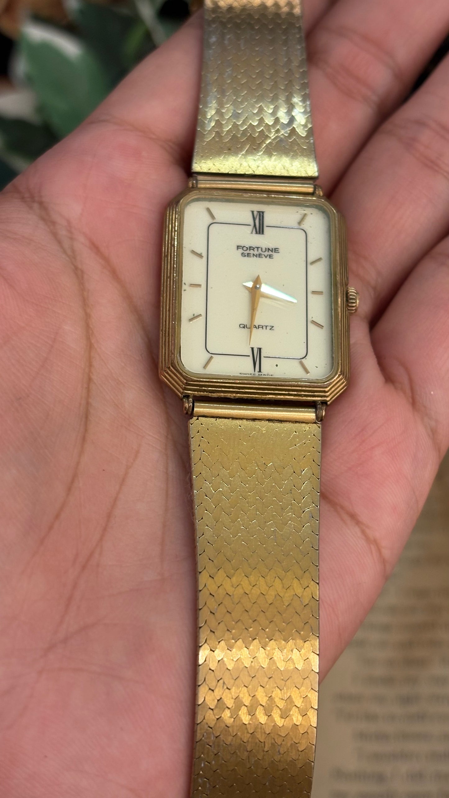 Rare Vintage Fortune Geneve Swiss Mens Tank Dress Watch in Gold Tone Quartz
