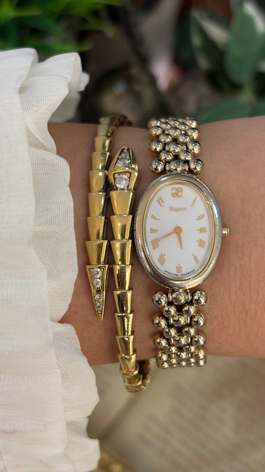 Rare Vintage Elegance Citizen Beaded Ball Bracelet Watch in Light Gold Tone Quartz Oval Dial