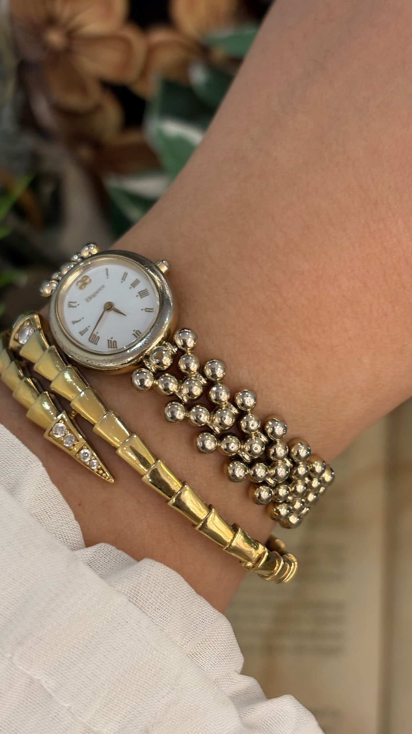 Rare Vintage Elegance Citizen Beaded Ball Bracelet Watch in Light Gold Tone Quartz Oval Dial