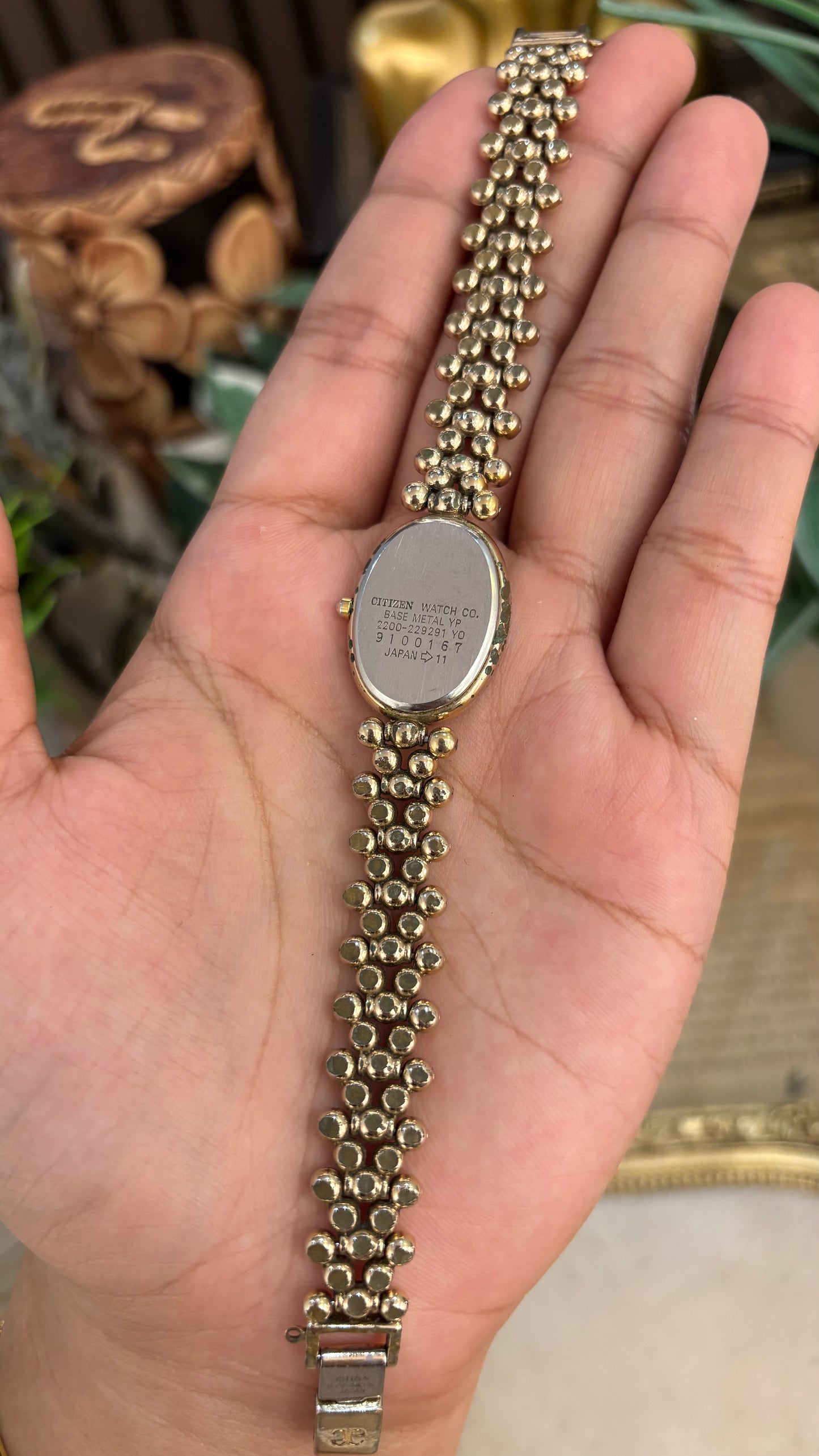 Rare Vintage Elegance Citizen Beaded Ball Bracelet Watch in Light Gold Tone Quartz Oval Dial