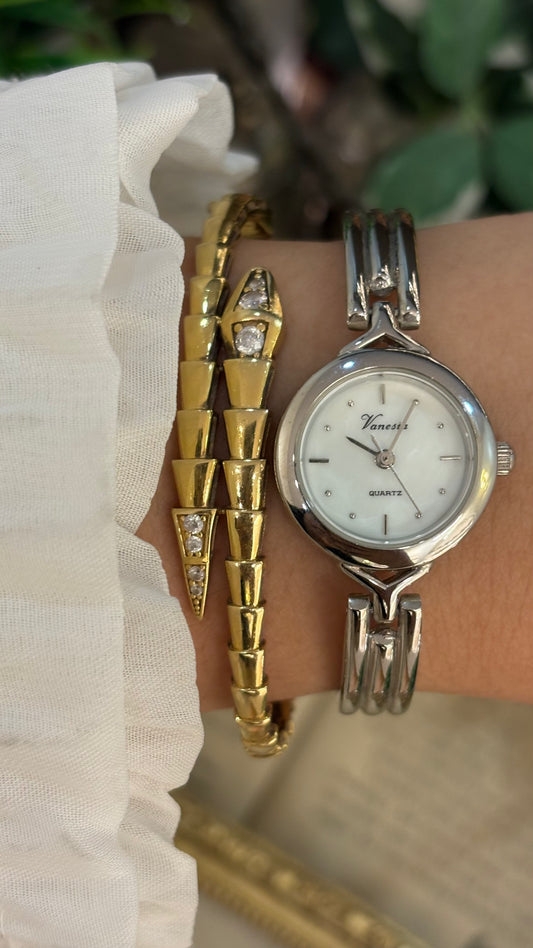 Vintage Elegant Vanessa Semi-Bangle in Silver Tone Mother of Pearl Dial Quartz