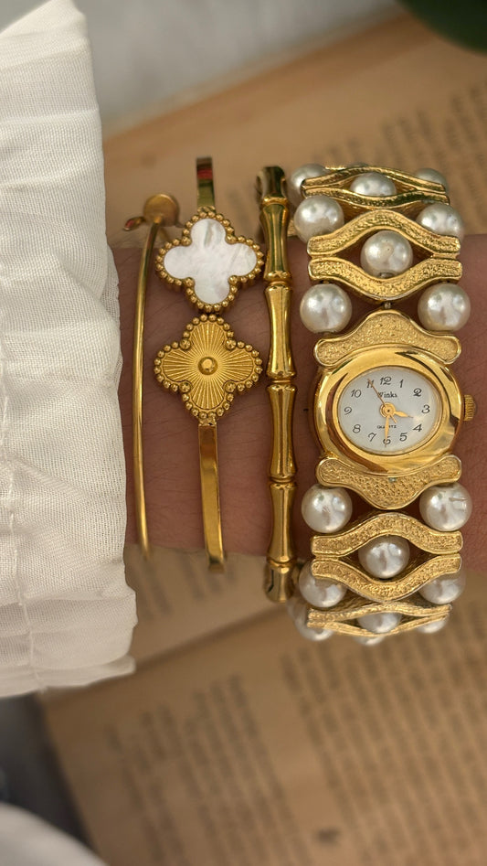 Rare Vintage Winks Pearl Accent Bangle Watch in Gold Tone Quartz