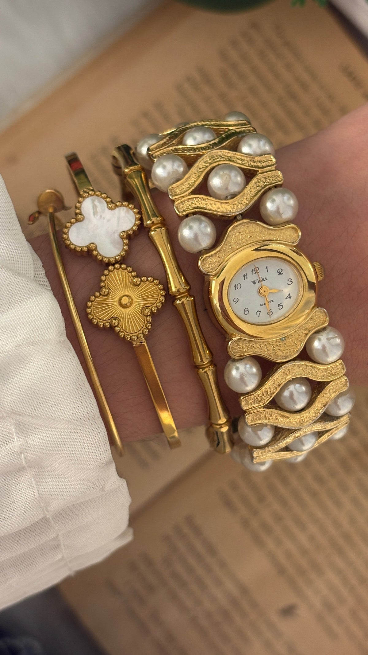 Rare Vintage Winks Pearl Accent Bangle Watch in Gold Tone Quartz
