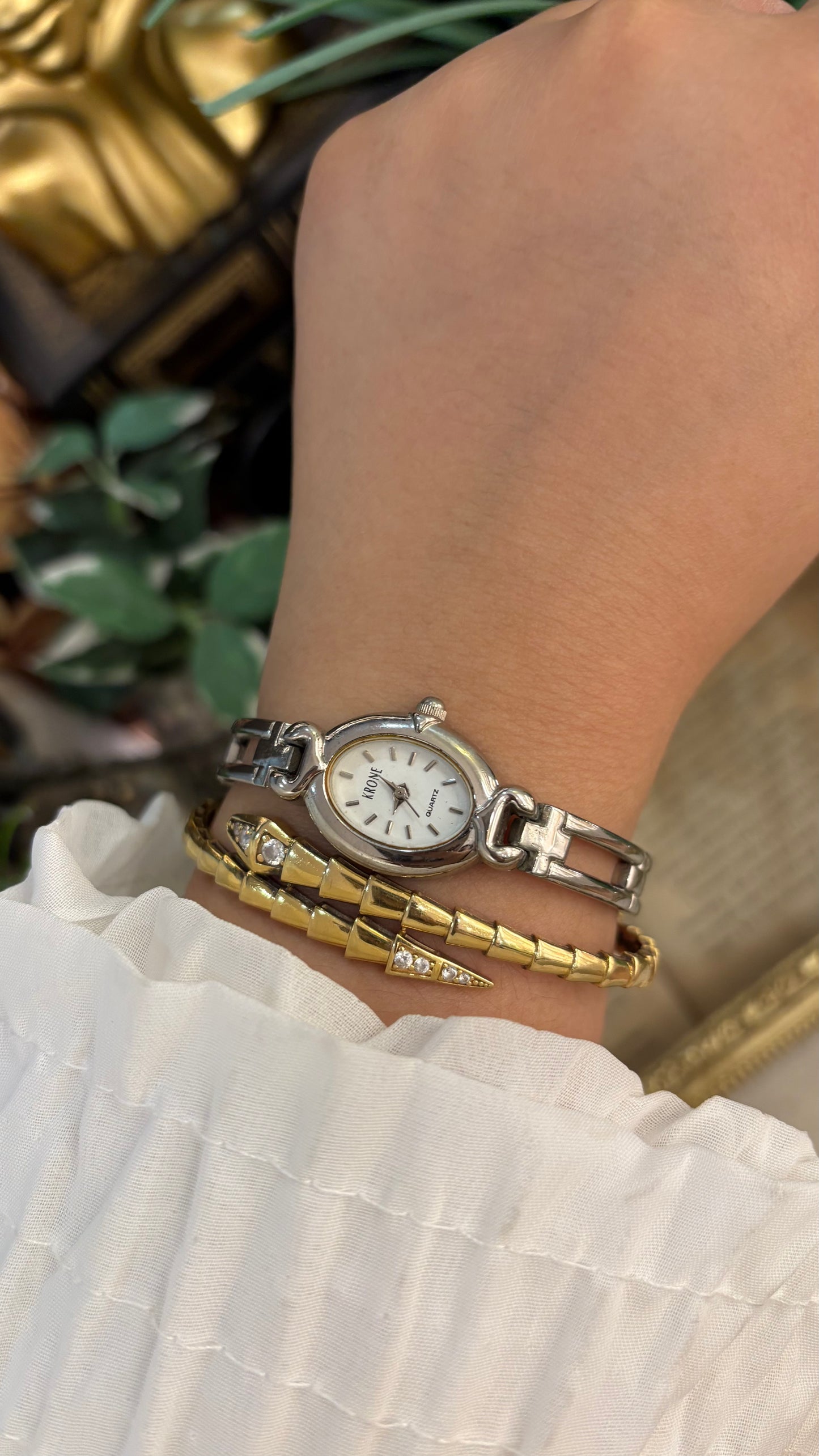Dainty Vintage Krone Elongated Chain Link Semi-Bangle Watch in SIlver Tone Quartz