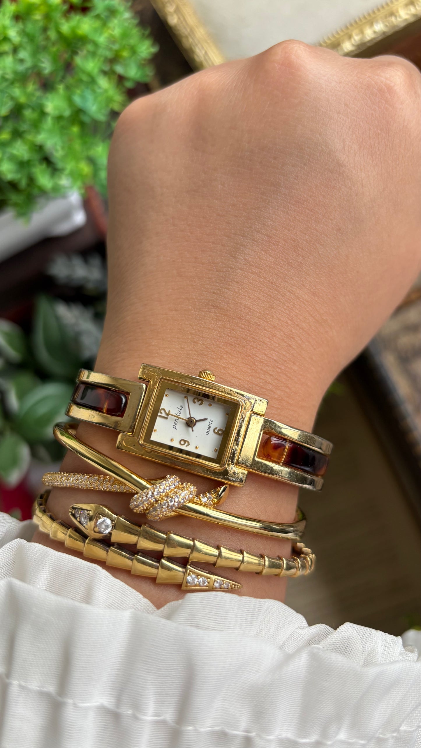Vintage Tortoise Bangle Watch in Gold Tone