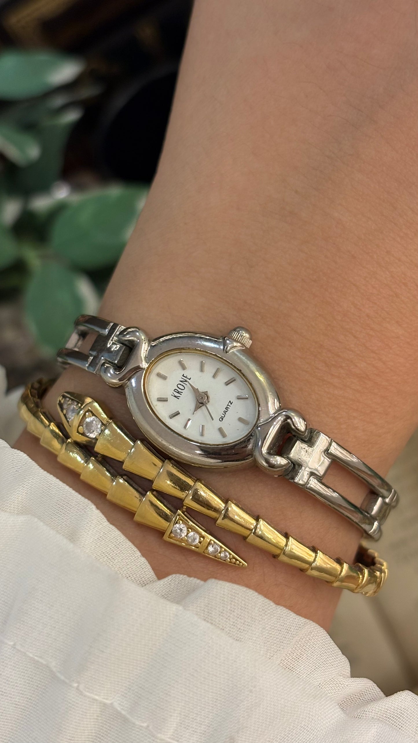 Dainty Vintage Krone Elongated Chain Link Semi-Bangle Watch in SIlver Tone Quartz