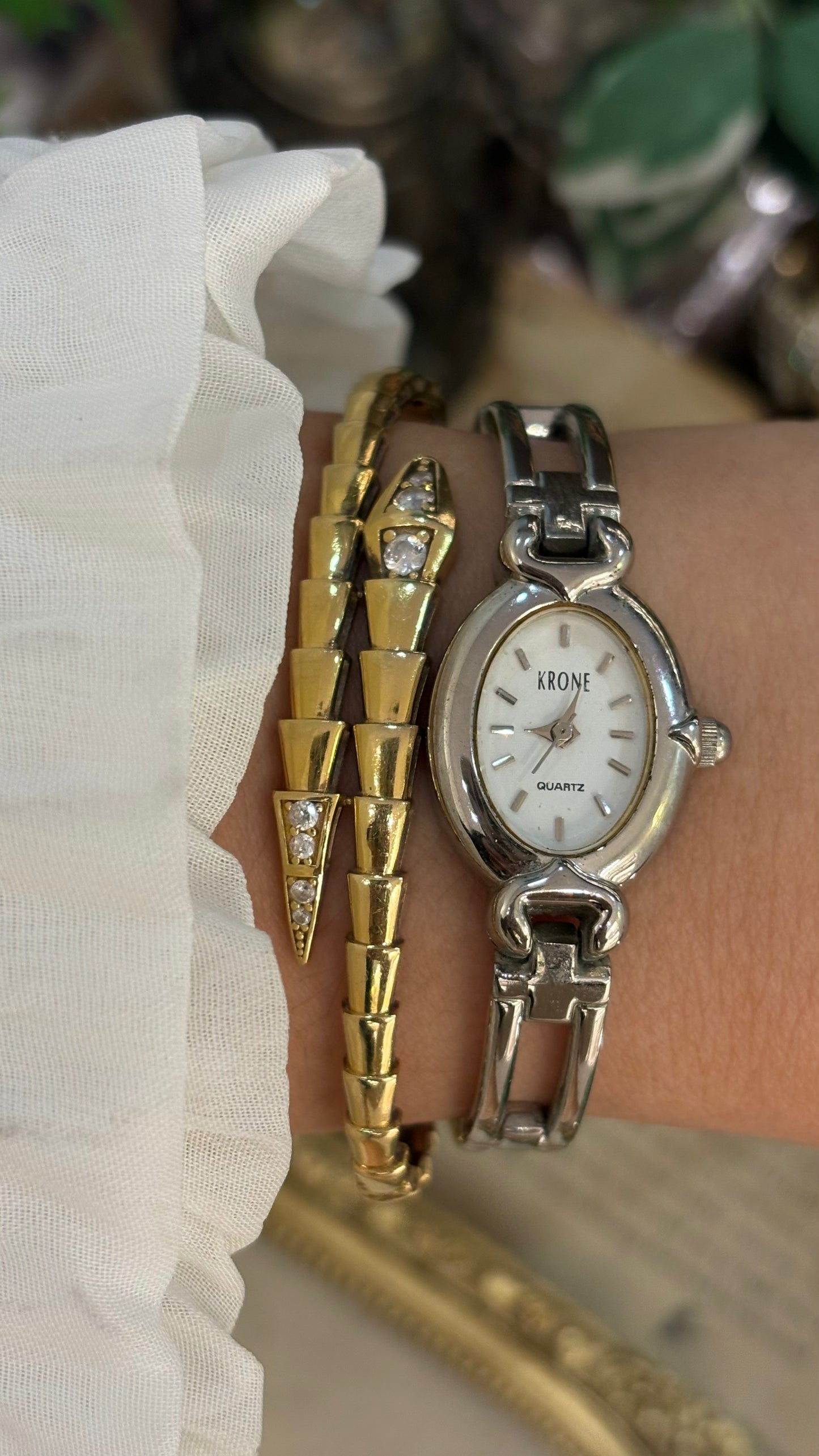 Dainty Vintage Krone Elongated Chain Link Semi-Bangle Watch in SIlver Tone Quartz