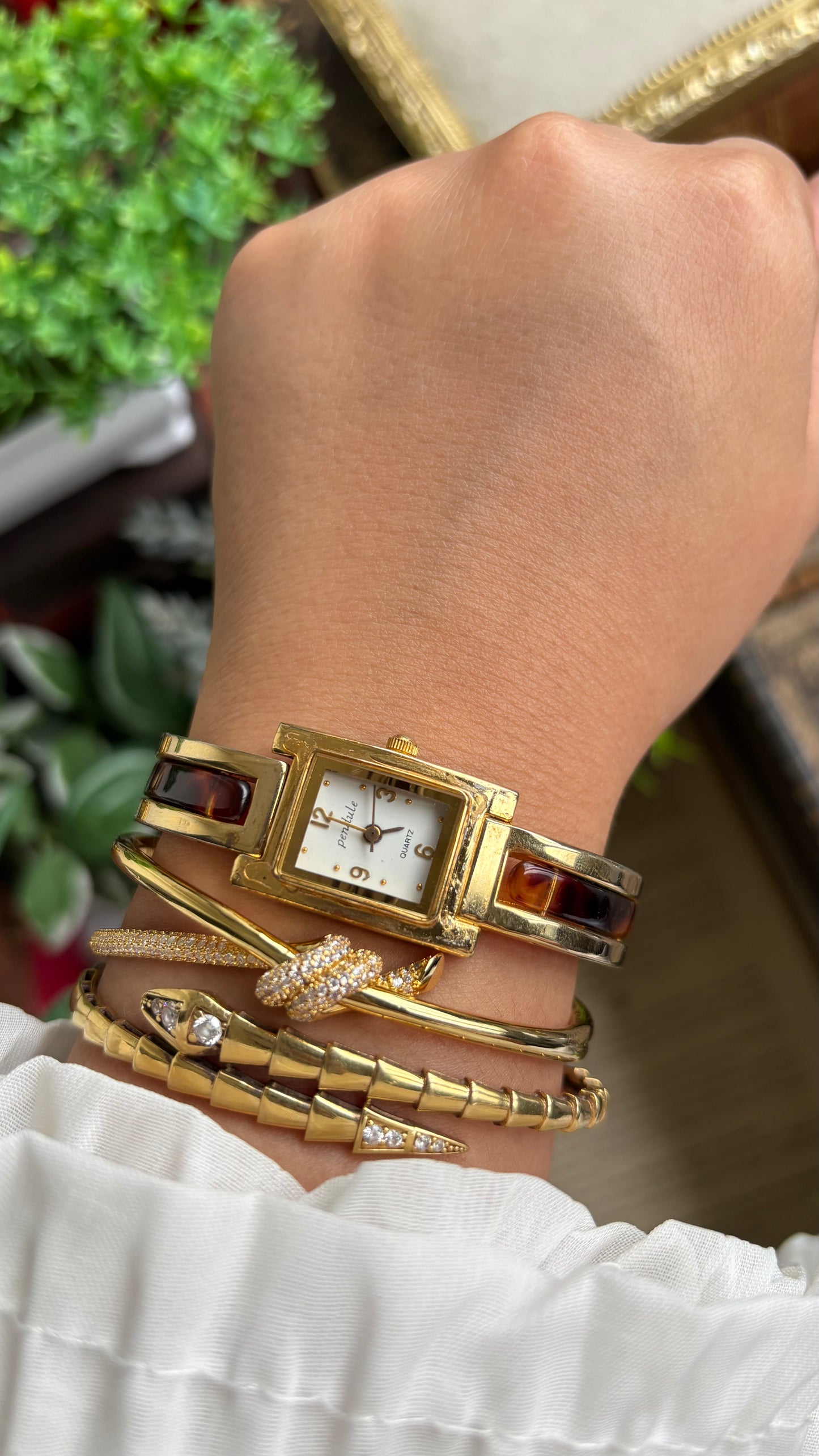 Vintage Tortoise Bangle Watch in Gold Tone