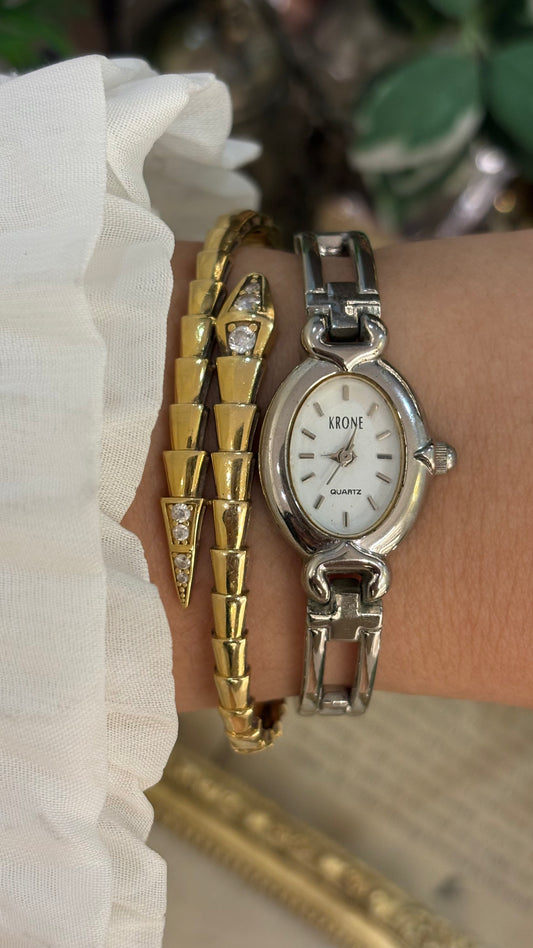 Dainty Vintage Krone Elongated Chain Link Semi-Bangle Watch in SIlver Tone Quartz