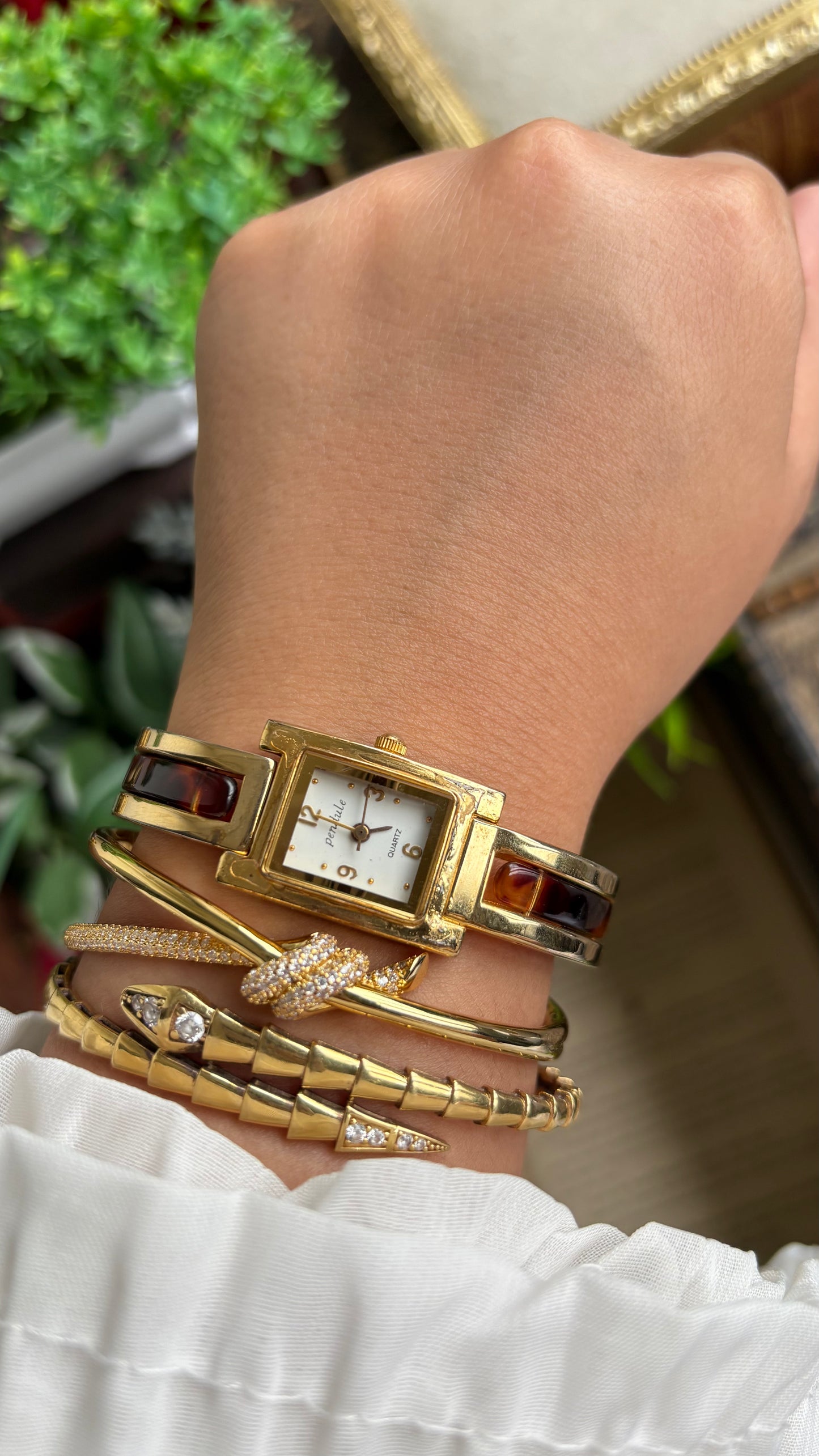 Vintage Tortoise Bangle Watch in Gold Tone