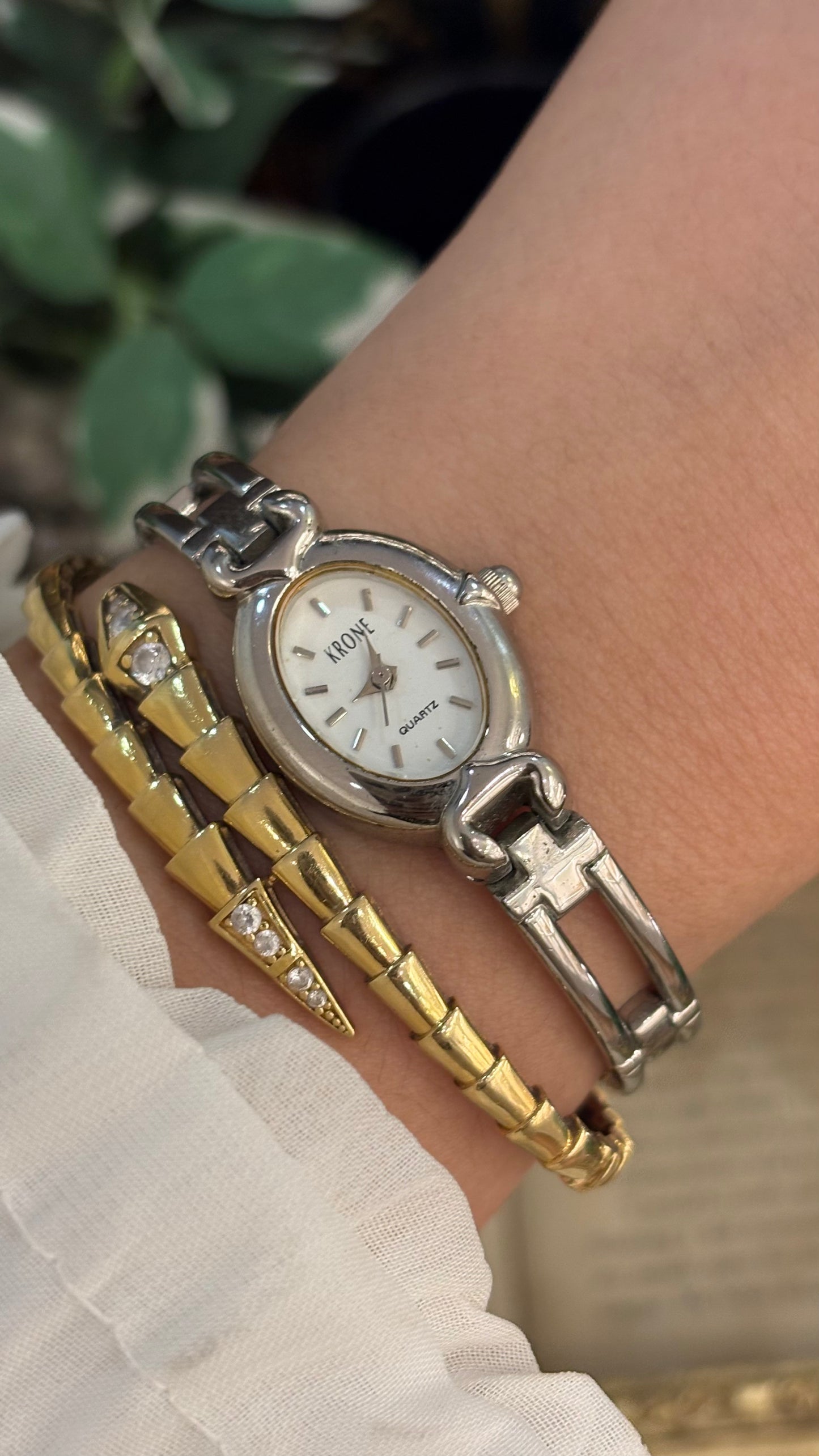 Dainty Vintage Krone Elongated Chain Link Semi-Bangle Watch in SIlver Tone Quartz