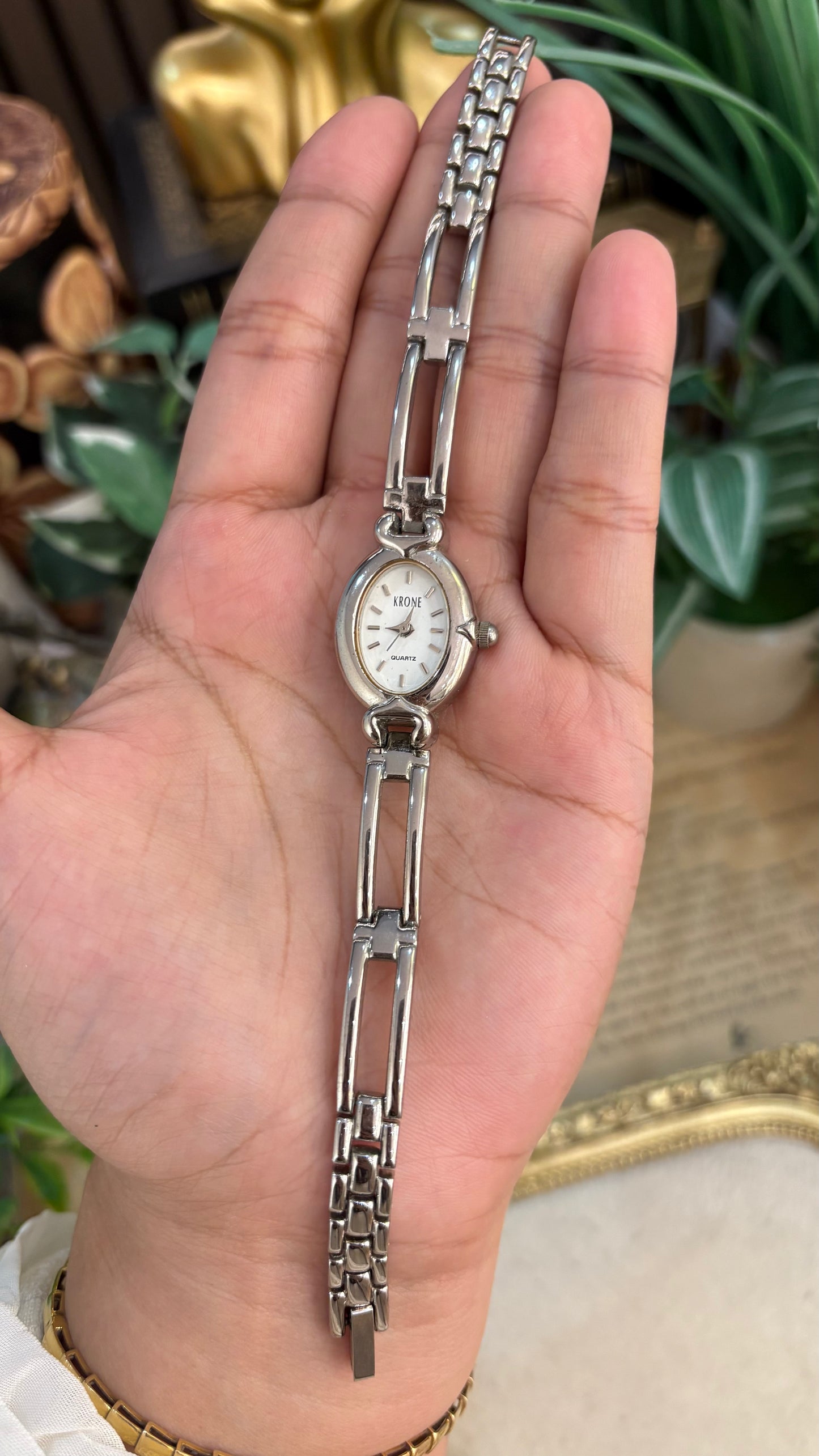 Dainty Vintage Krone Elongated Chain Link Semi-Bangle Watch in SIlver Tone Quartz