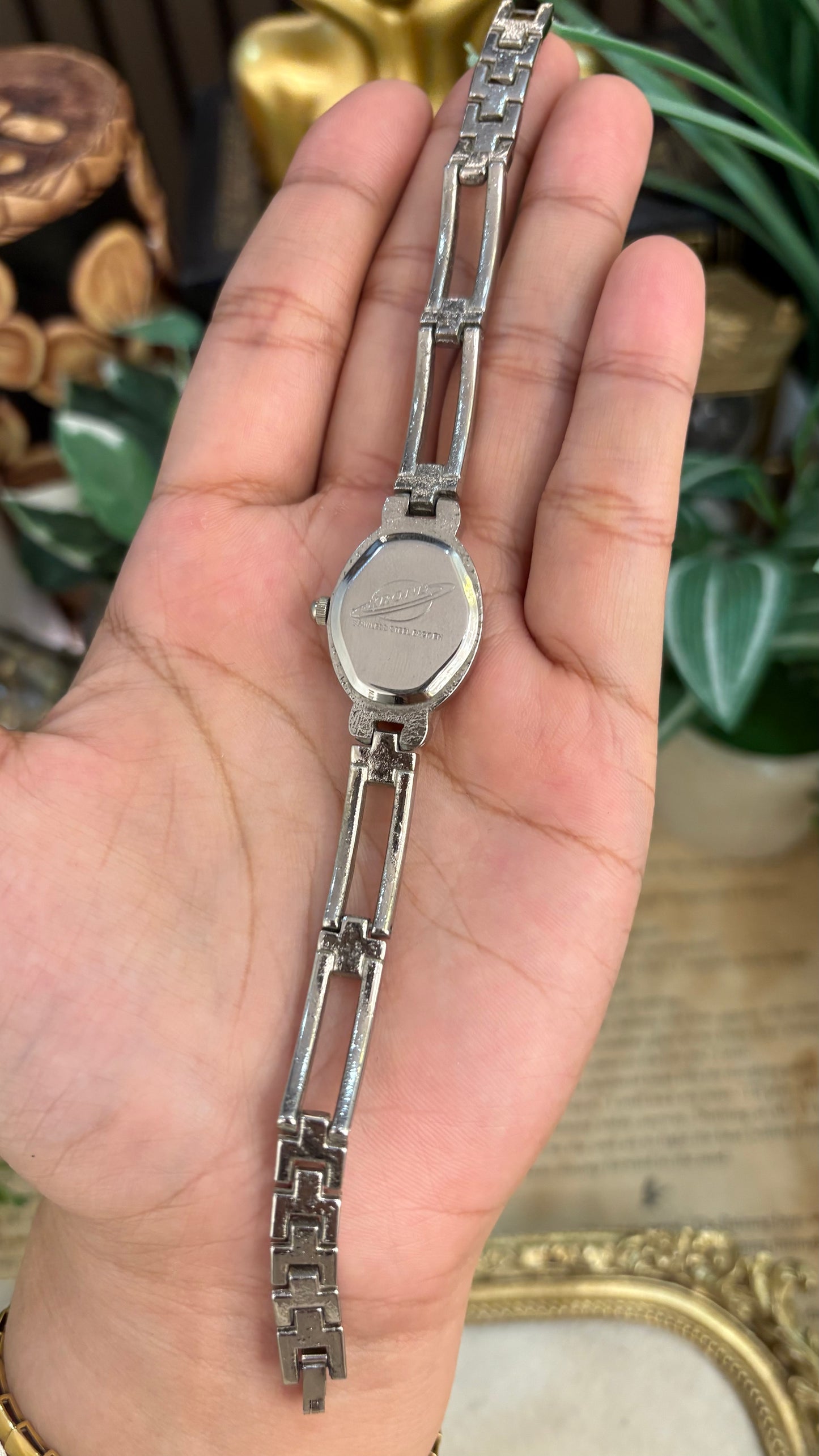 Dainty Vintage Krone Elongated Chain Link Semi-Bangle Watch in SIlver Tone Quartz