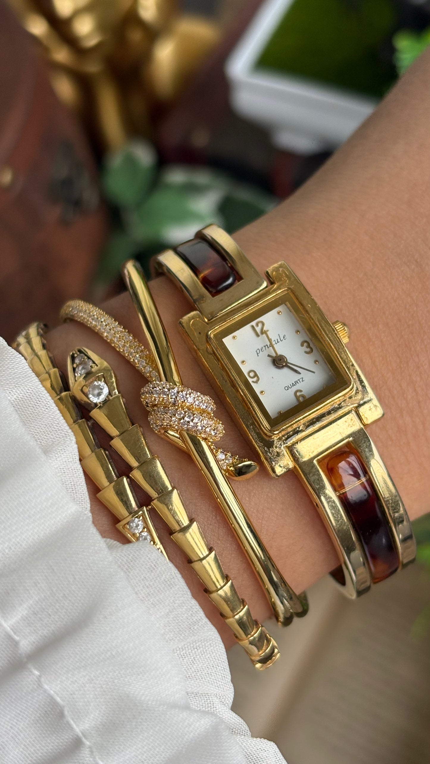 Vintage Tortoise Bangle Watch in Gold Tone