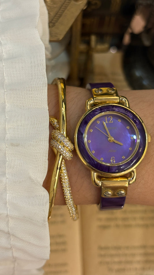 Vintage Armitron Now Purple Marble Patterned Semi-Bangle Watch in Gold Tone Mother of Pearl Dial Quartz