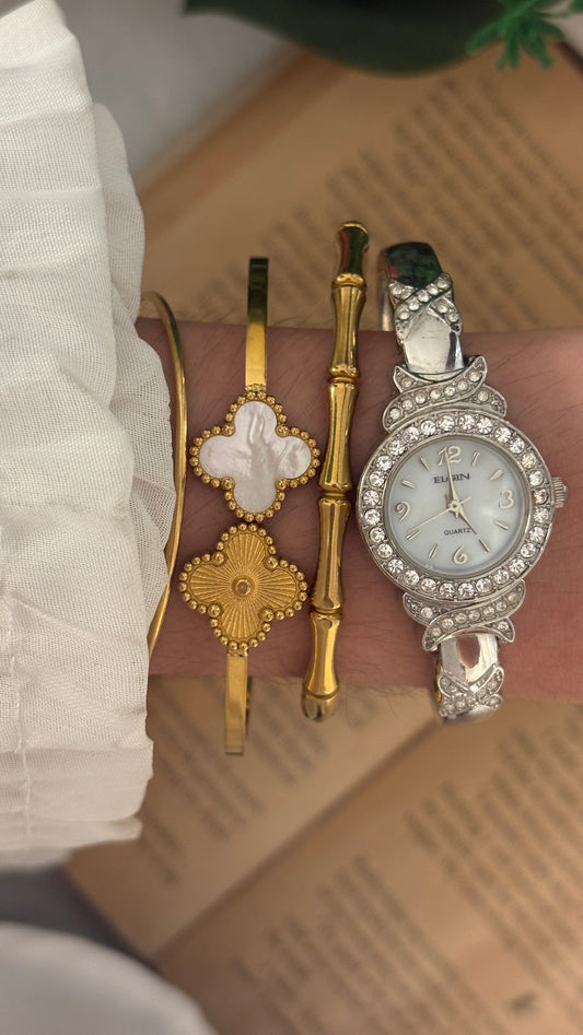 Rare Vintage Elgin Bejeweled Bangle Watch in Silver Tone Quartz