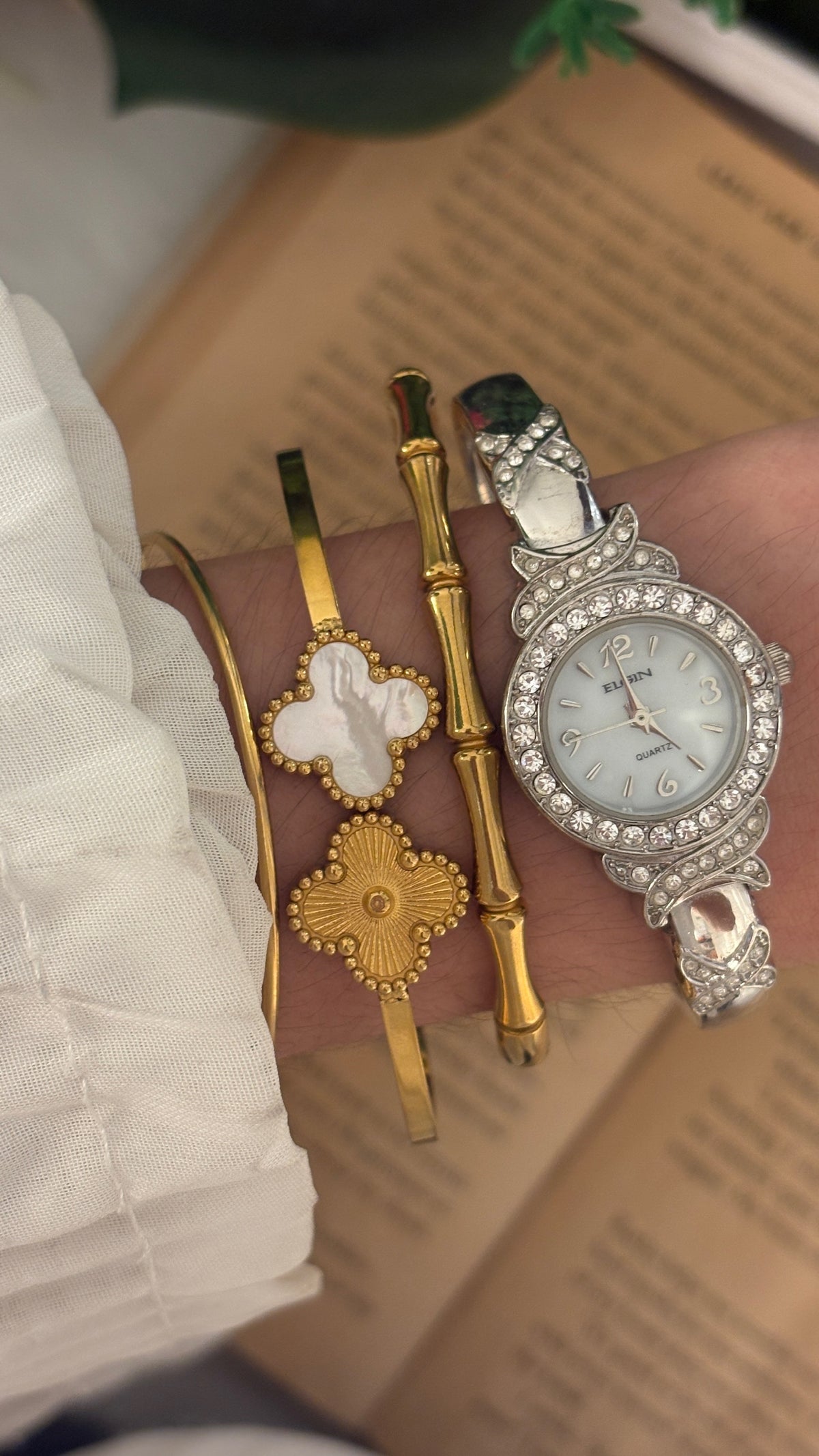 Rare Vintage Elgin Bejeweled Bangle Watch in Silver Tone Quartz