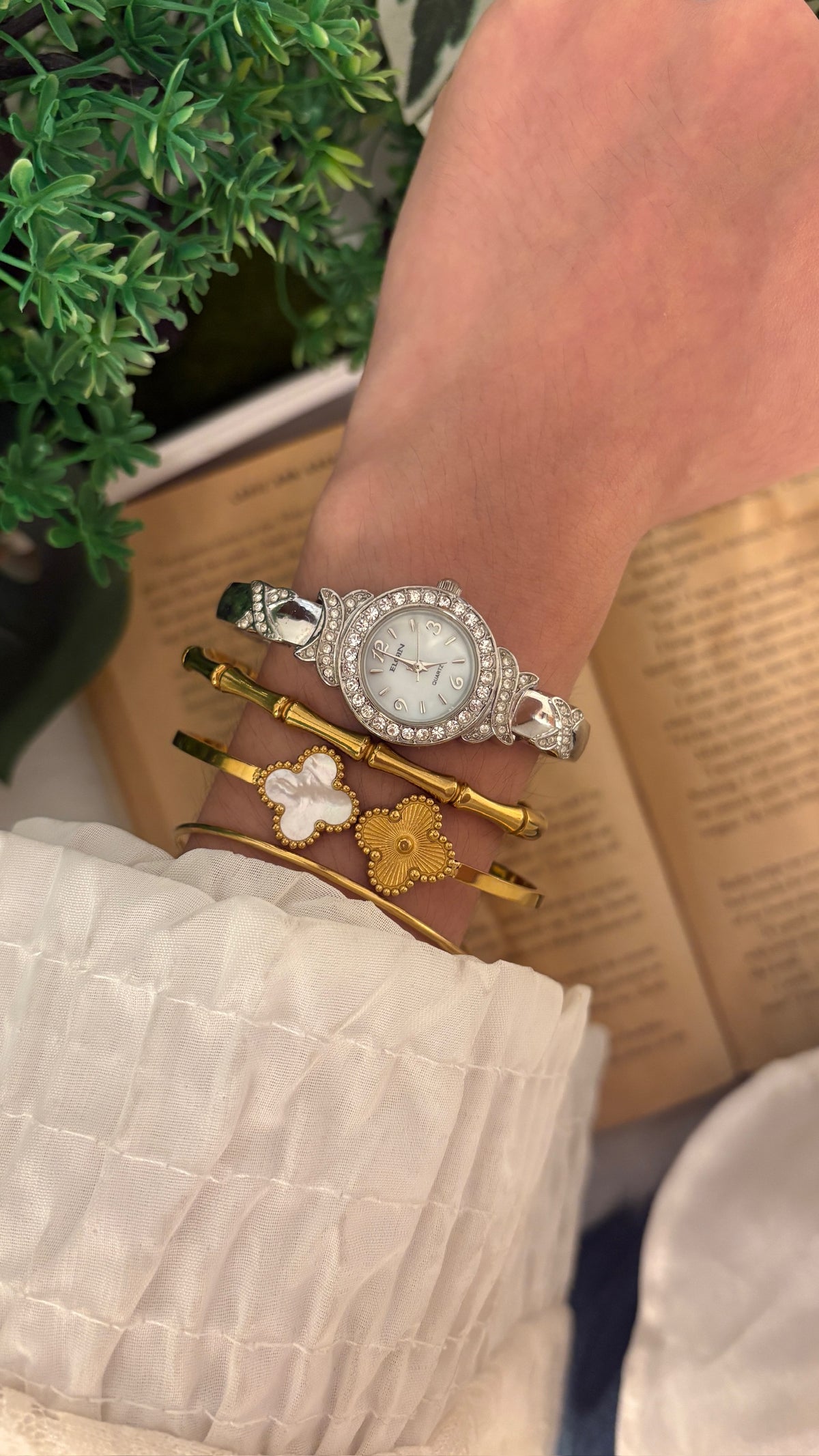 Rare Vintage Elgin Bejeweled Bangle Watch in Silver Tone Quartz