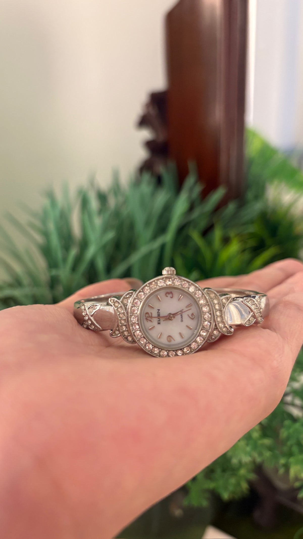 Rare Vintage Elgin Bejeweled Bangle Watch in Silver Tone Quartz