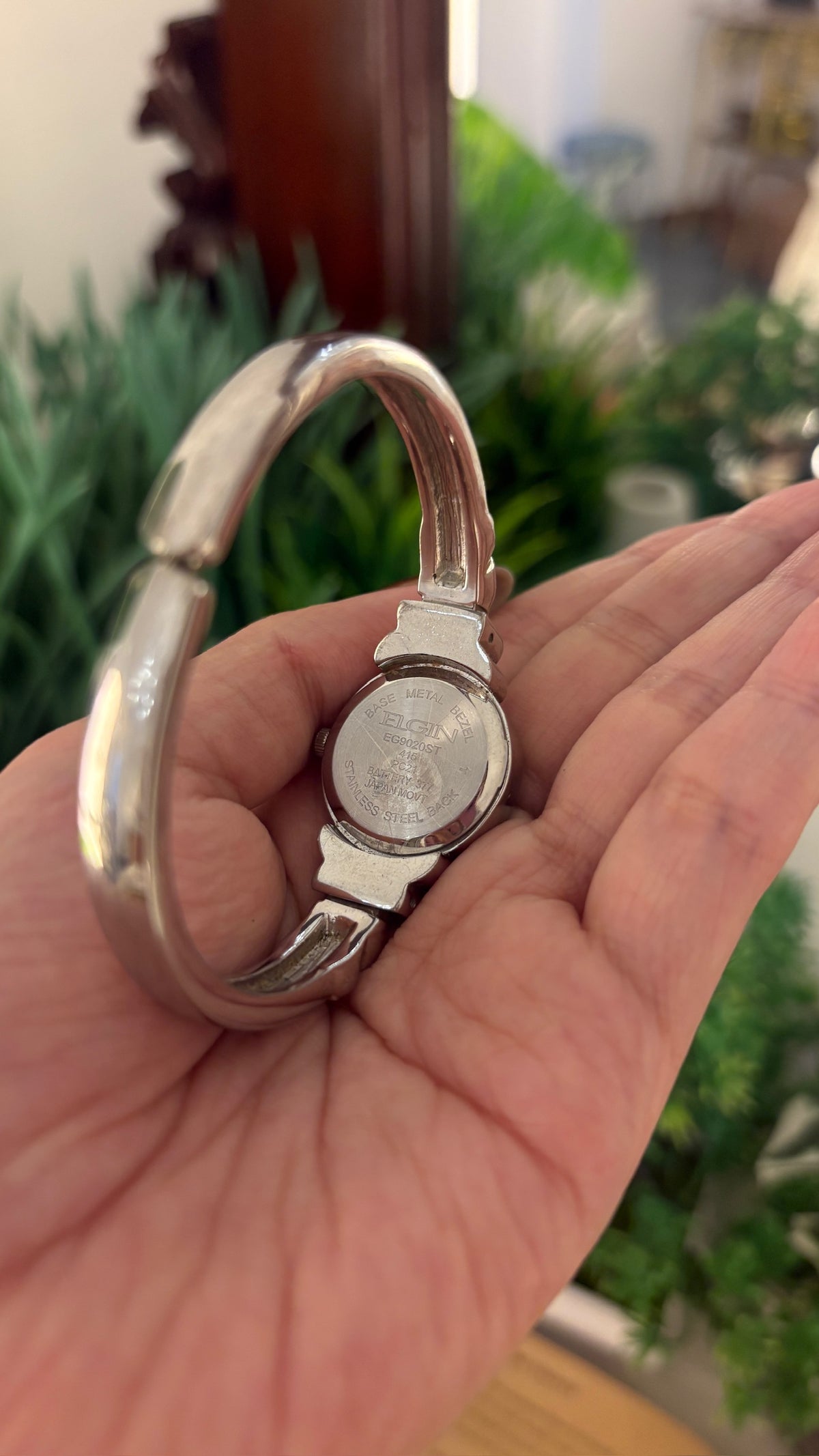 Rare Vintage Elgin Bejeweled Bangle Watch in Silver Tone Quartz