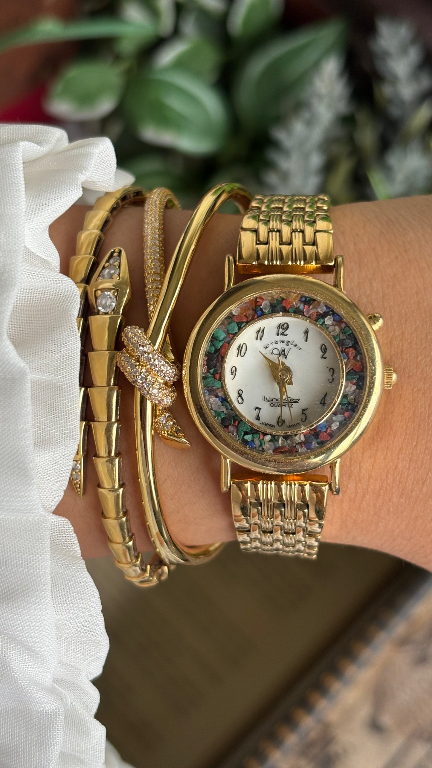 Vintage Wrangler Watch in Gold Tone with Natural Stones on Bezel