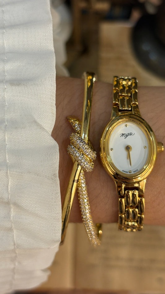 Rare Dainty Vintage Myar Swiss Oval Face Minimalist  Bracelet Watch in Gold Tone Quartz