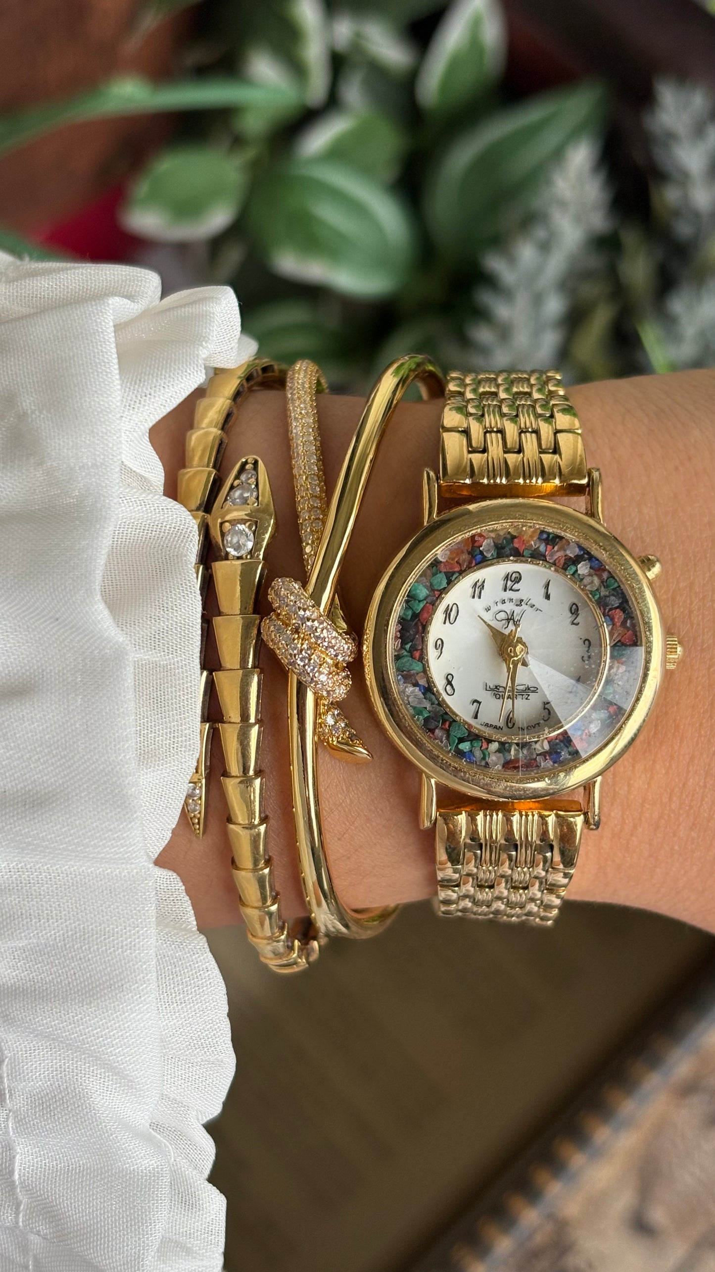 Vintage Wrangler Watch in Gold Tone with Natural Stones on Bezel