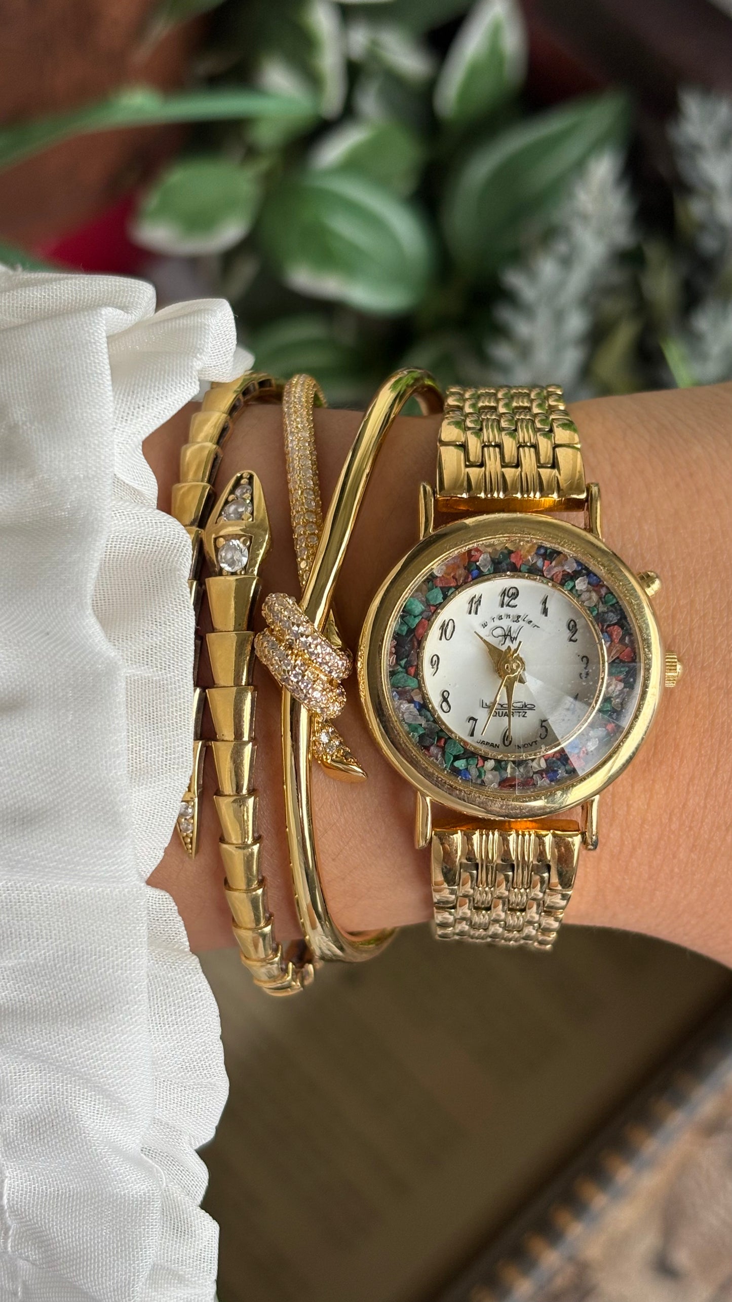 Vintage Wrangler Watch in Gold Tone with Natural Stones on Bezel