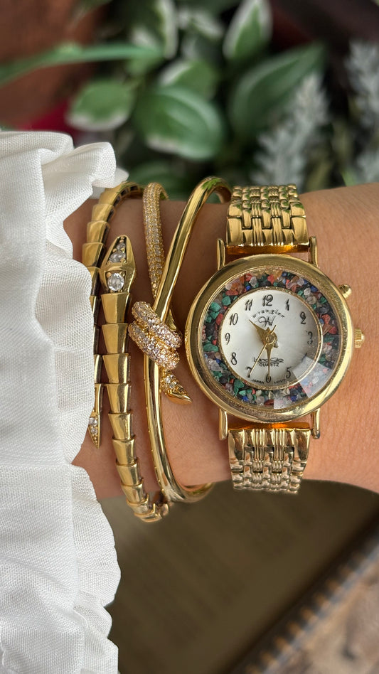 Vintage Wrangler Watch in Gold Tone with Natural Stones on Bezel