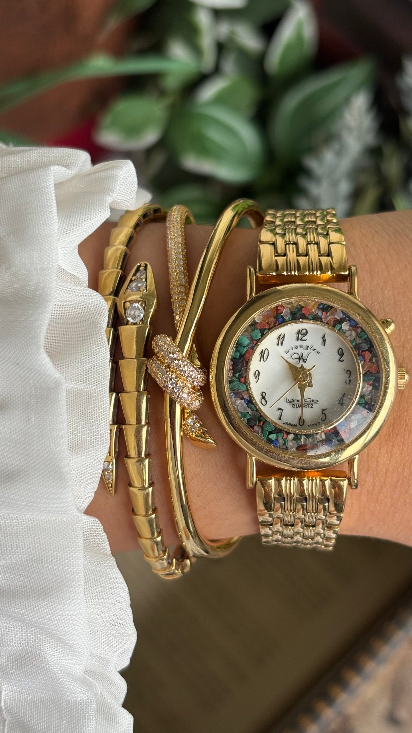 Vintage Wrangler Watch in Gold Tone with Natural Stones on Bezel