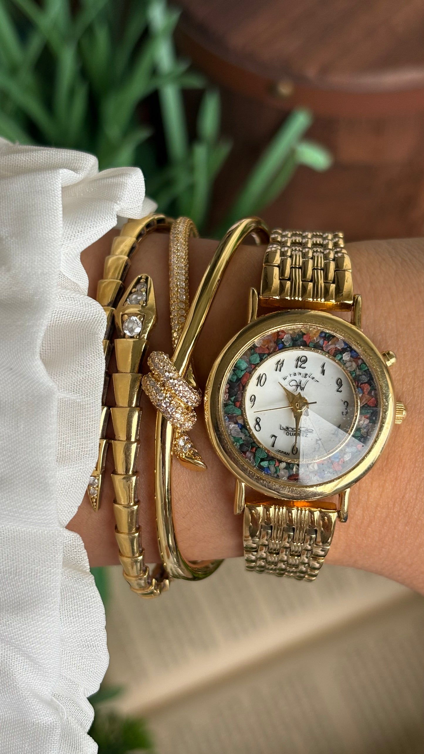 Vintage Wrangler Watch in Gold Tone with Natural Stones on Bezel