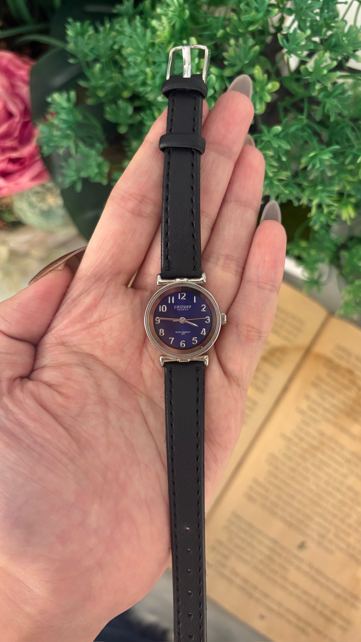 Vintage Chizuko Navy Blue Dial Watch in Silver Tone Black Leather Quartz