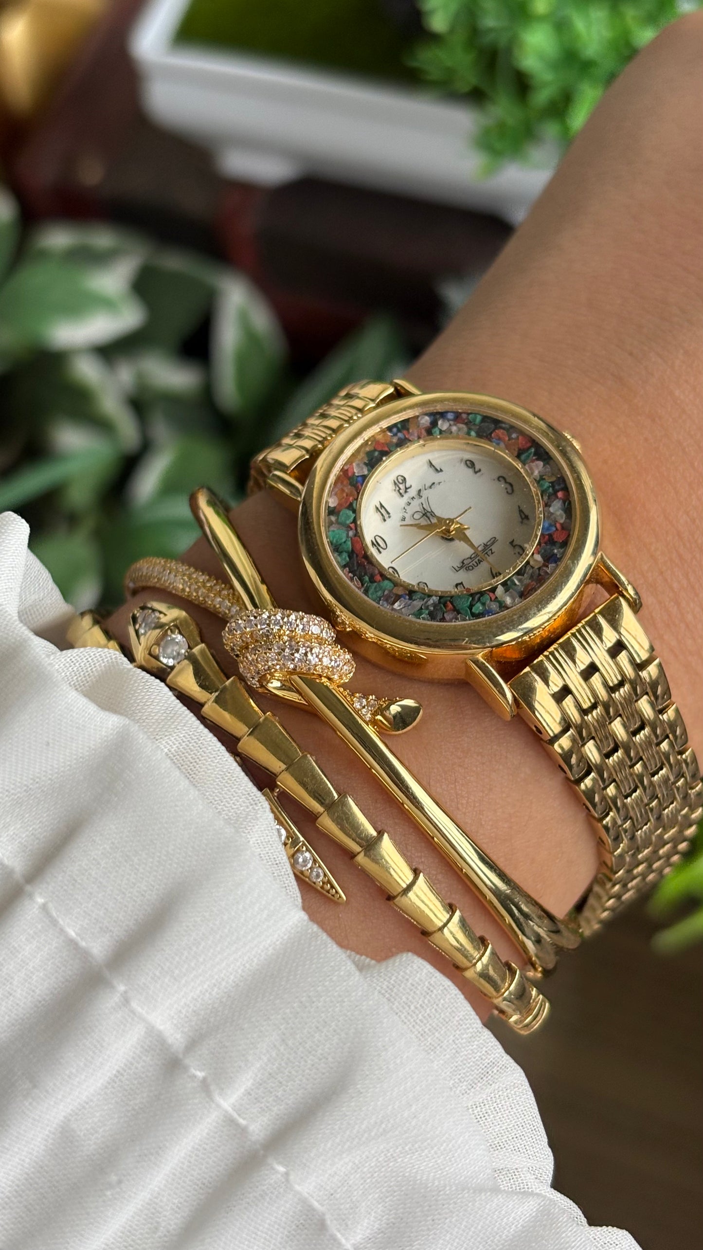 Vintage Wrangler Watch in Gold Tone with Natural Stones on Bezel