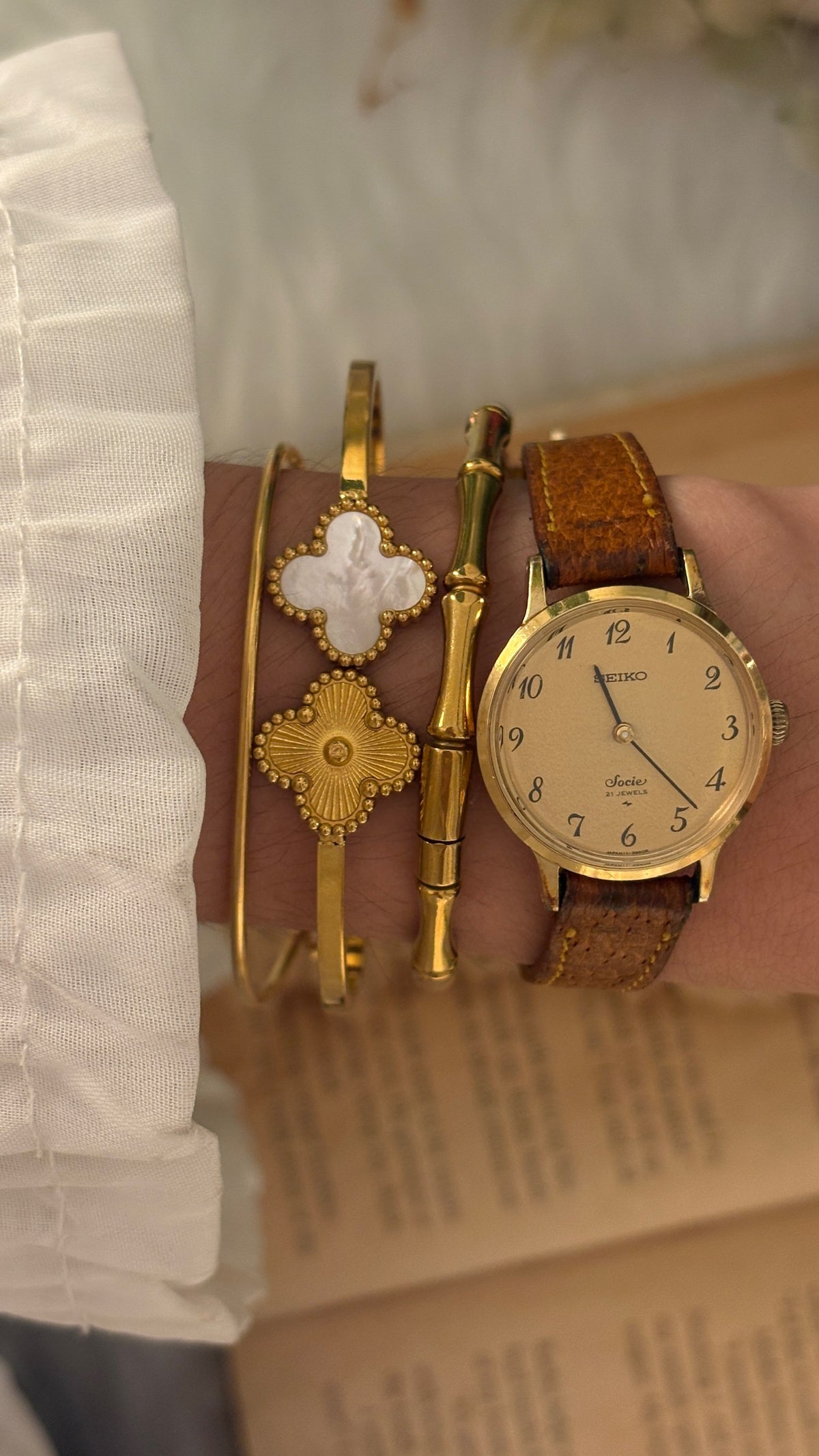 Rare Vintage Seiko Socie Watch in Gold Tone Brown Leather Quartz