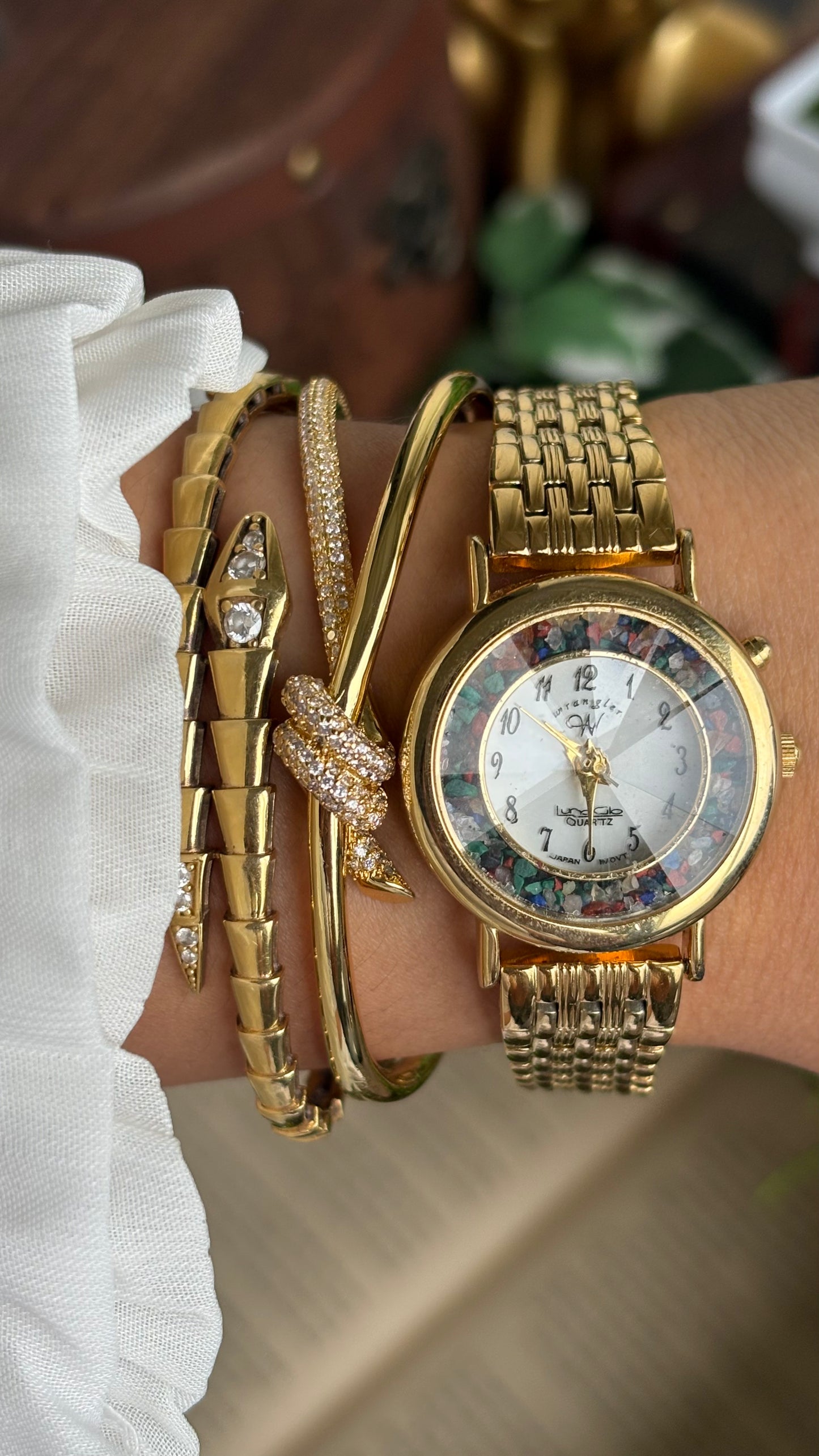 Vintage Wrangler Watch in Gold Tone with Natural Stones on Bezel