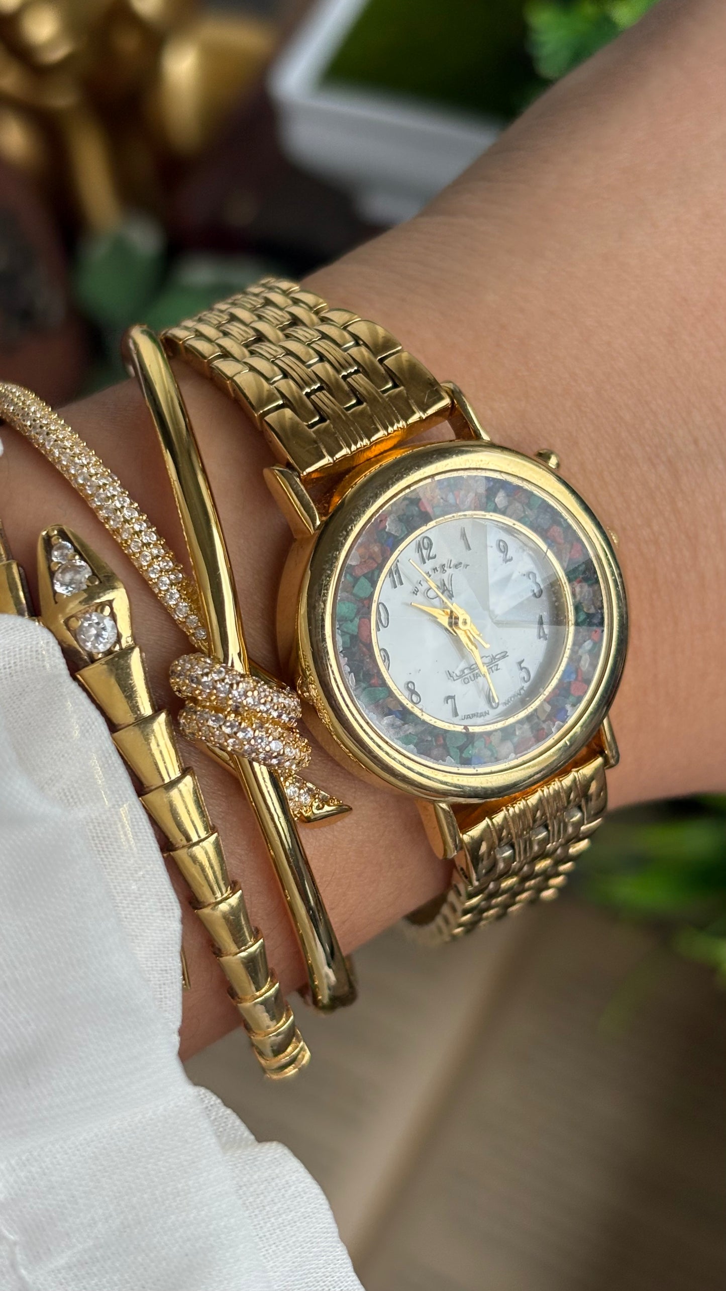 Vintage Wrangler Watch in Gold Tone with Natural Stones on Bezel