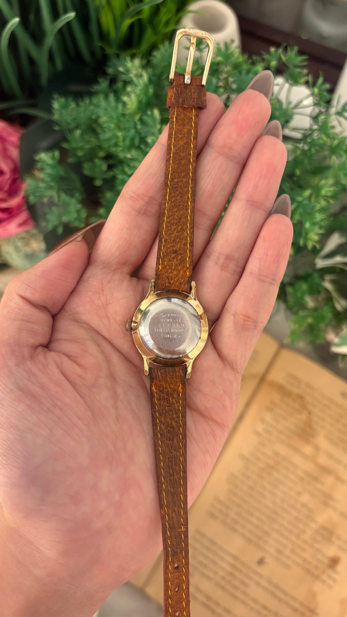 Rare Vintage Seiko Socie Watch in Gold Tone Brown Leather Quartz