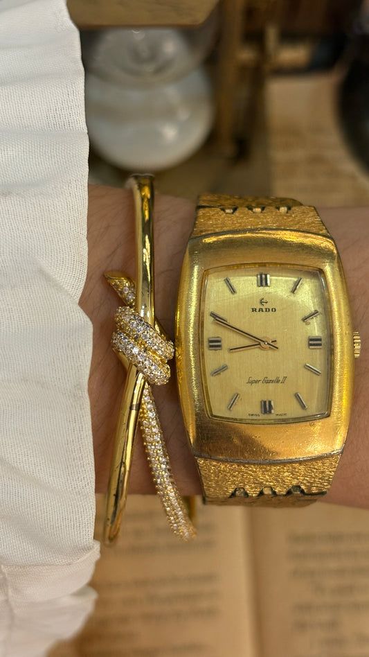 Rare Vintage Rado Swiss Super Gazelle II Tank Watch in Gold Tone Textured Finish Quartz